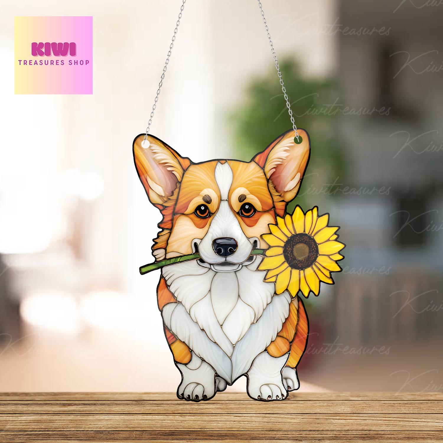 Corgi With Sunflower ACRYLIC Window Hanging, Dog Window Hanging, Corgi Lover Decor, Dog Mom Decor, Dog Lover Gift, Funny Dog, Corgi Mom Gift