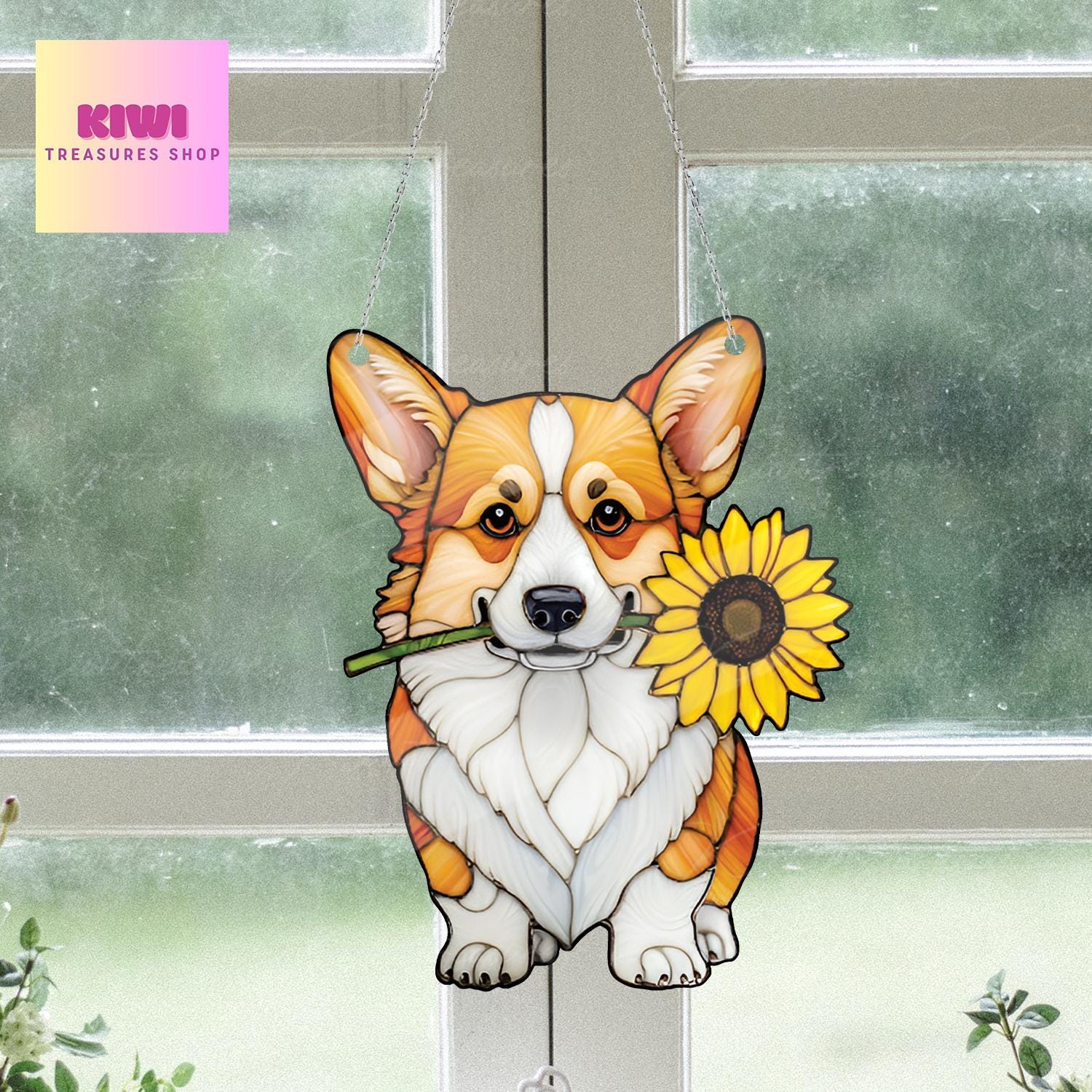 Corgi With Sunflower ACRYLIC Window Hanging, Dog Window Hanging, Corgi Lover Decor, Dog Mom Decor, Dog Lover Gift, Funny Dog, Corgi Mom Gift