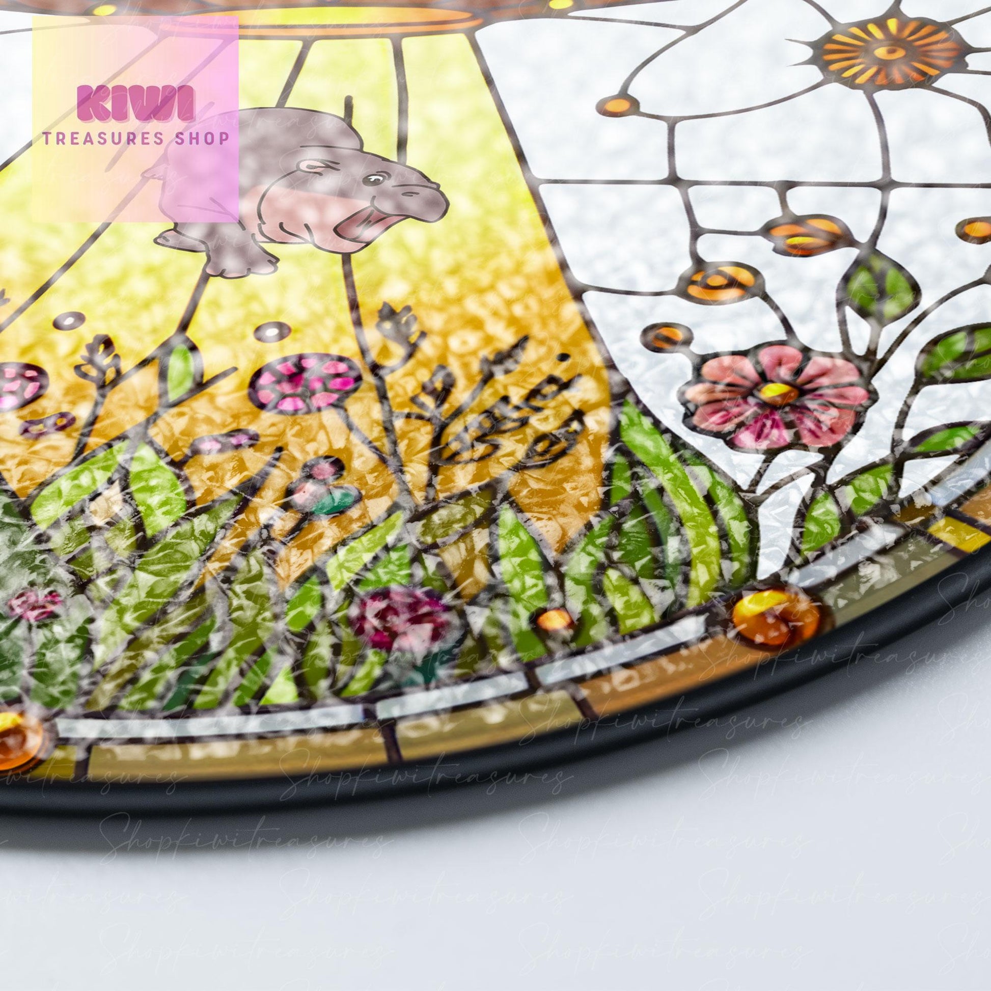 UFO Abduction baby Hippo pygmy Wildflowers Glass Hanigng- Funny Gifts for hippo lover, Window Hanging, moo deng suncatcher