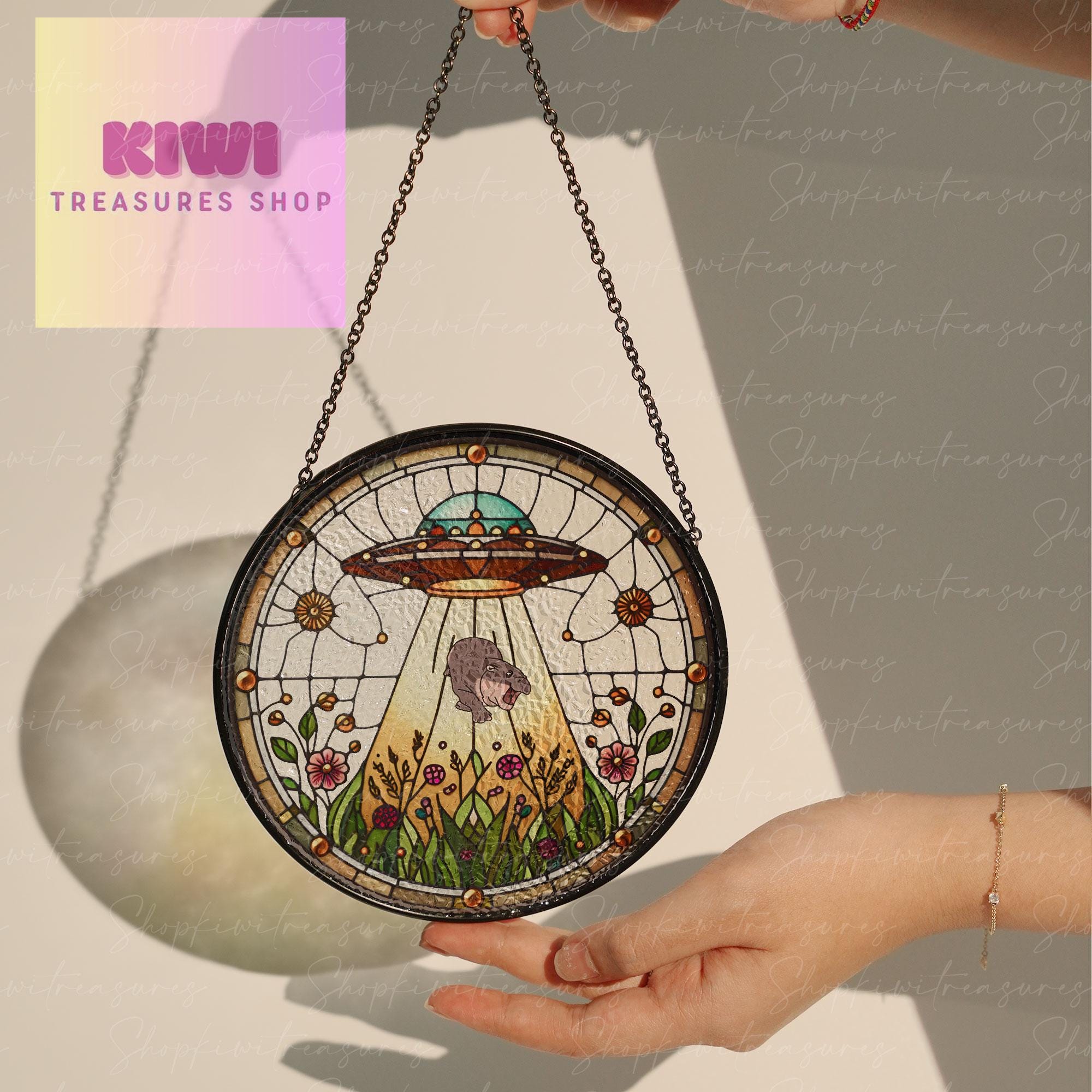 UFO Abduction baby Hippo pygmy Wildflowers Glass Hanigng- Funny Gifts for hippo lover, Window Hanging, moo deng suncatcher