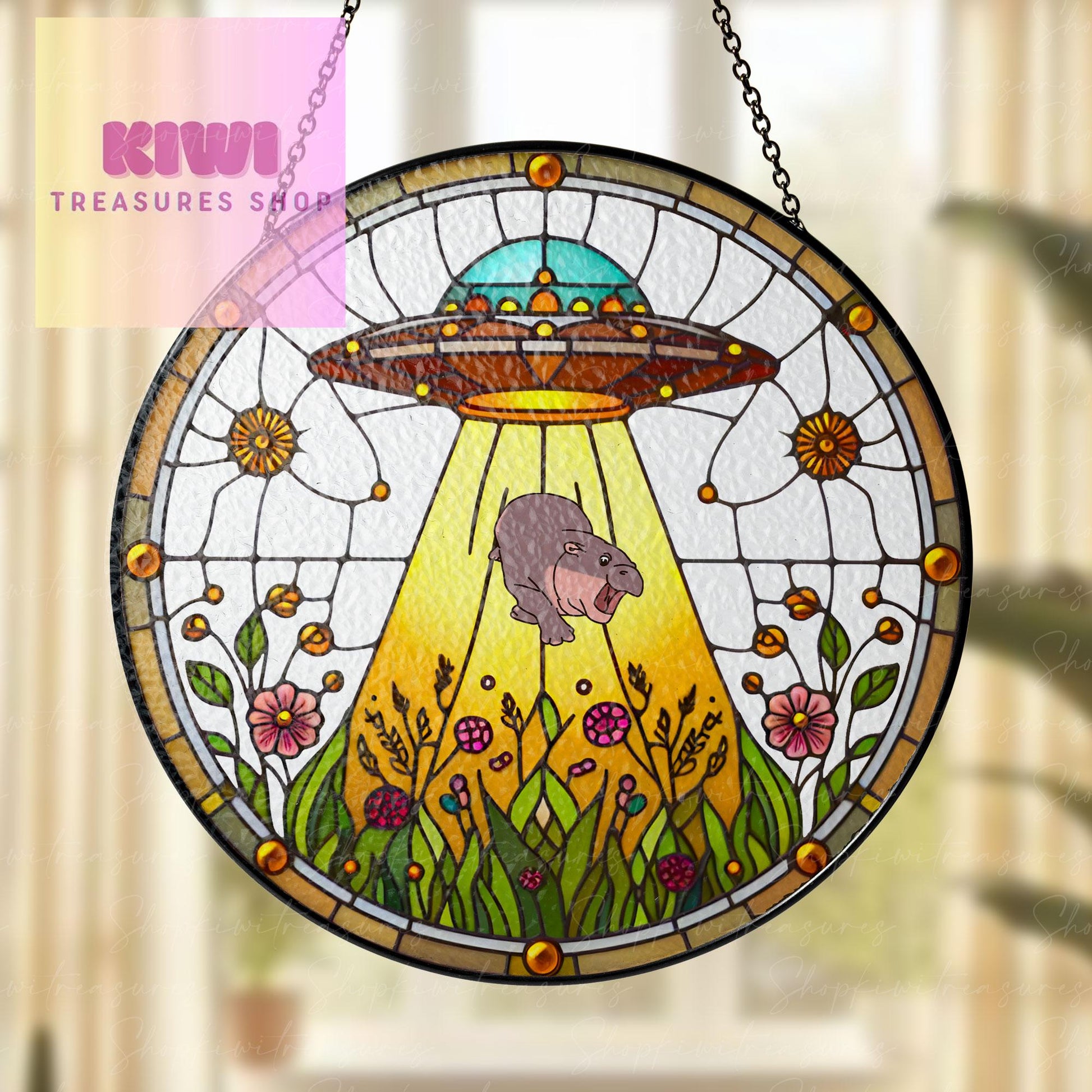 UFO Abduction baby Hippo pygmy Wildflowers Glass Hanigng- Funny Gifts for hippo lover, Window Hanging, moo deng suncatcher