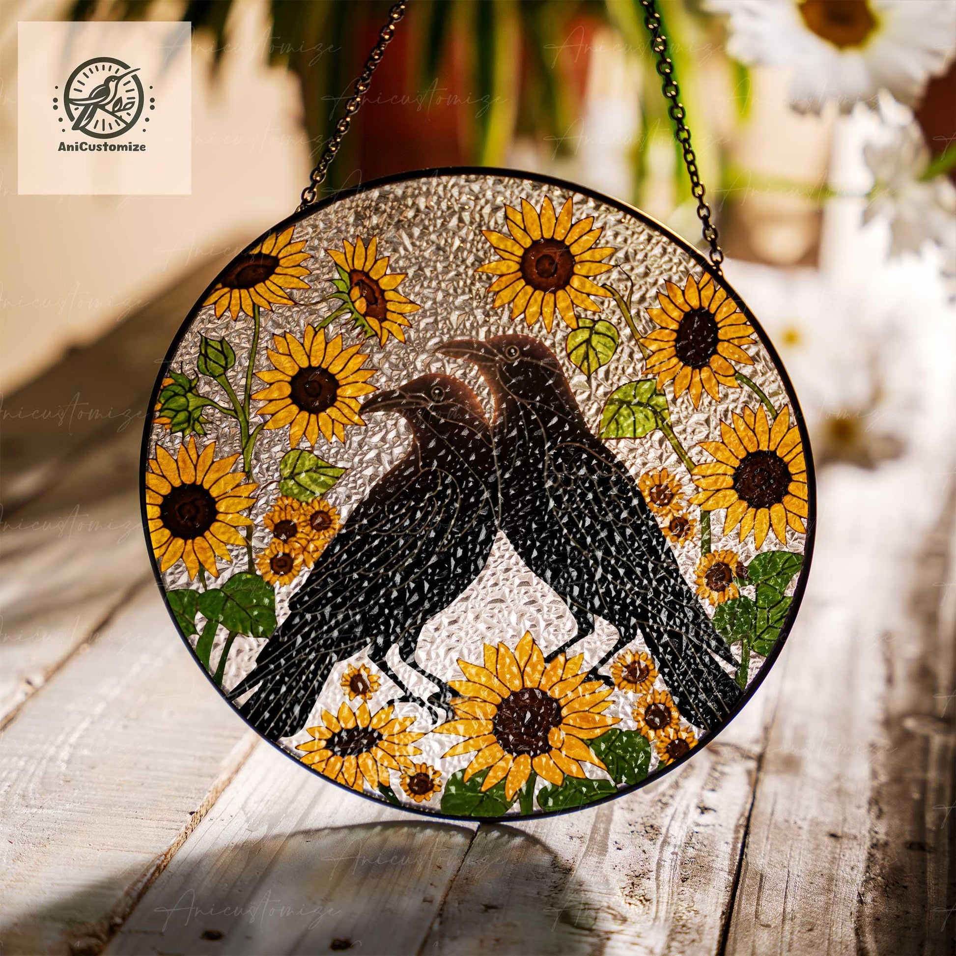 Crow Couple With Sunflower GLASS Suncatcher, Crow Couple Decor, Floral Bird, Bird Gift,Bird Lover Decor, Bird Decor, Crow  Gift,Garden Decor