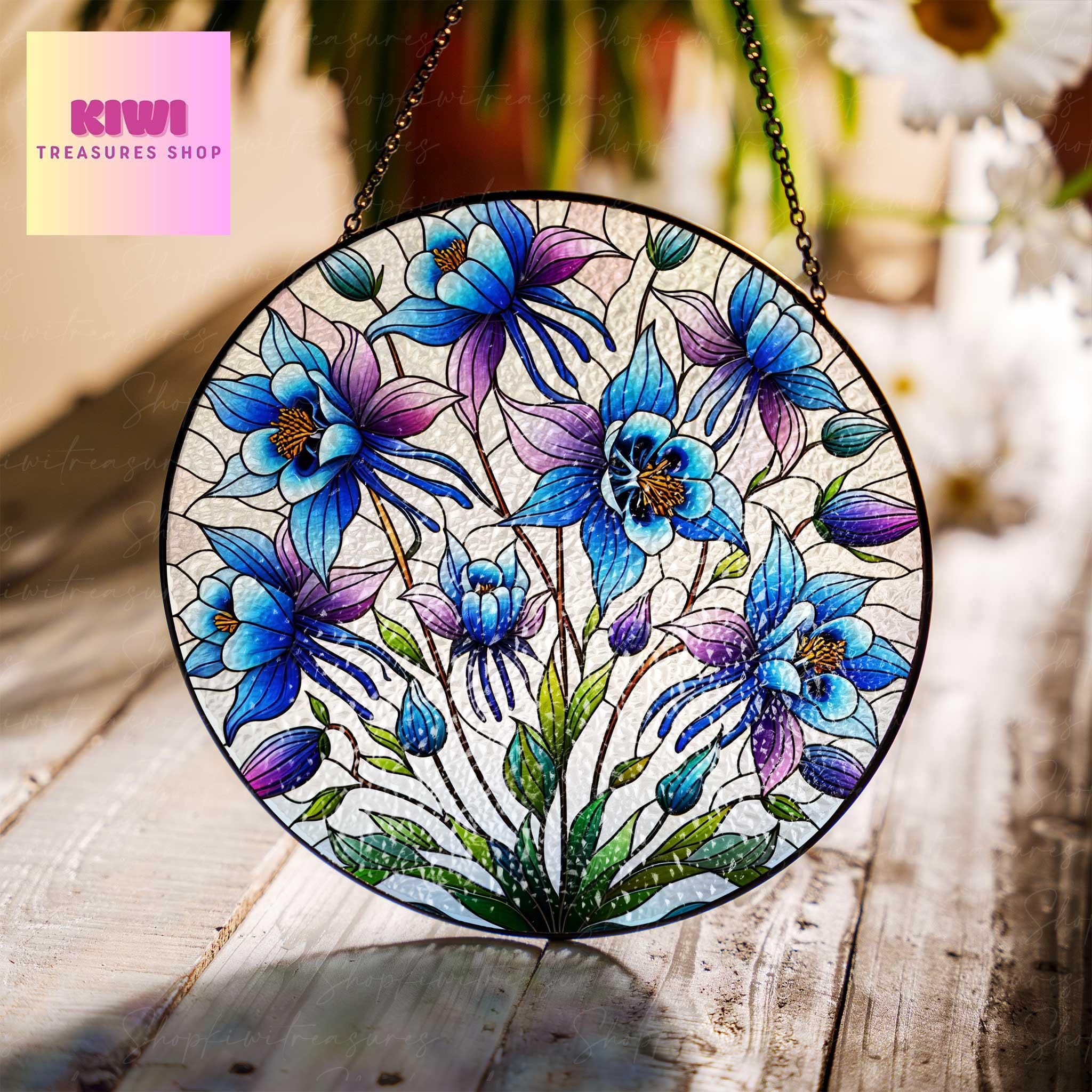 Colorado Blue Columbine Glass SunCatcher Colorado state flower Art Window Hanging State Pride Kitchen Home Decor, MOTHER'S DAY gift 2025