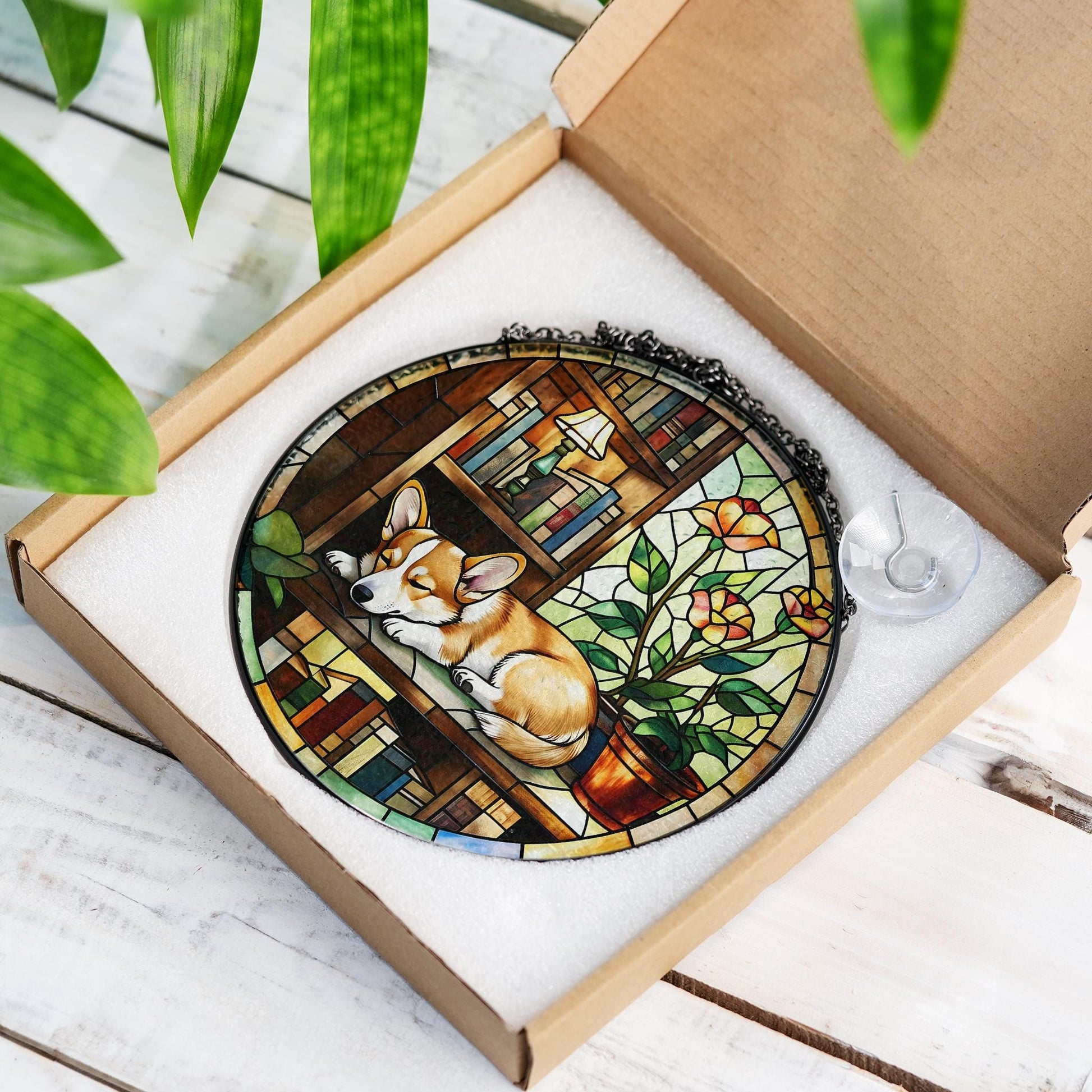 Corgi sleeping On Bookshelf GLASS Suncatcher Hanging, Window Decor, Book Lover Gift, Book FAUX Stain Glass, Librarian Gift