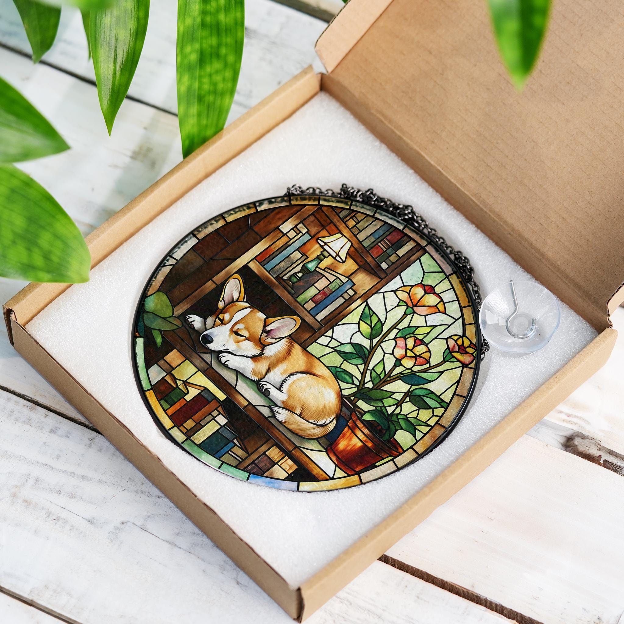 Corgi sleeping On Bookshelf GLASS Suncatcher Hanging, Window Decor, Book Lover Gift, Book FAUX Stain Glass, Librarian Gift