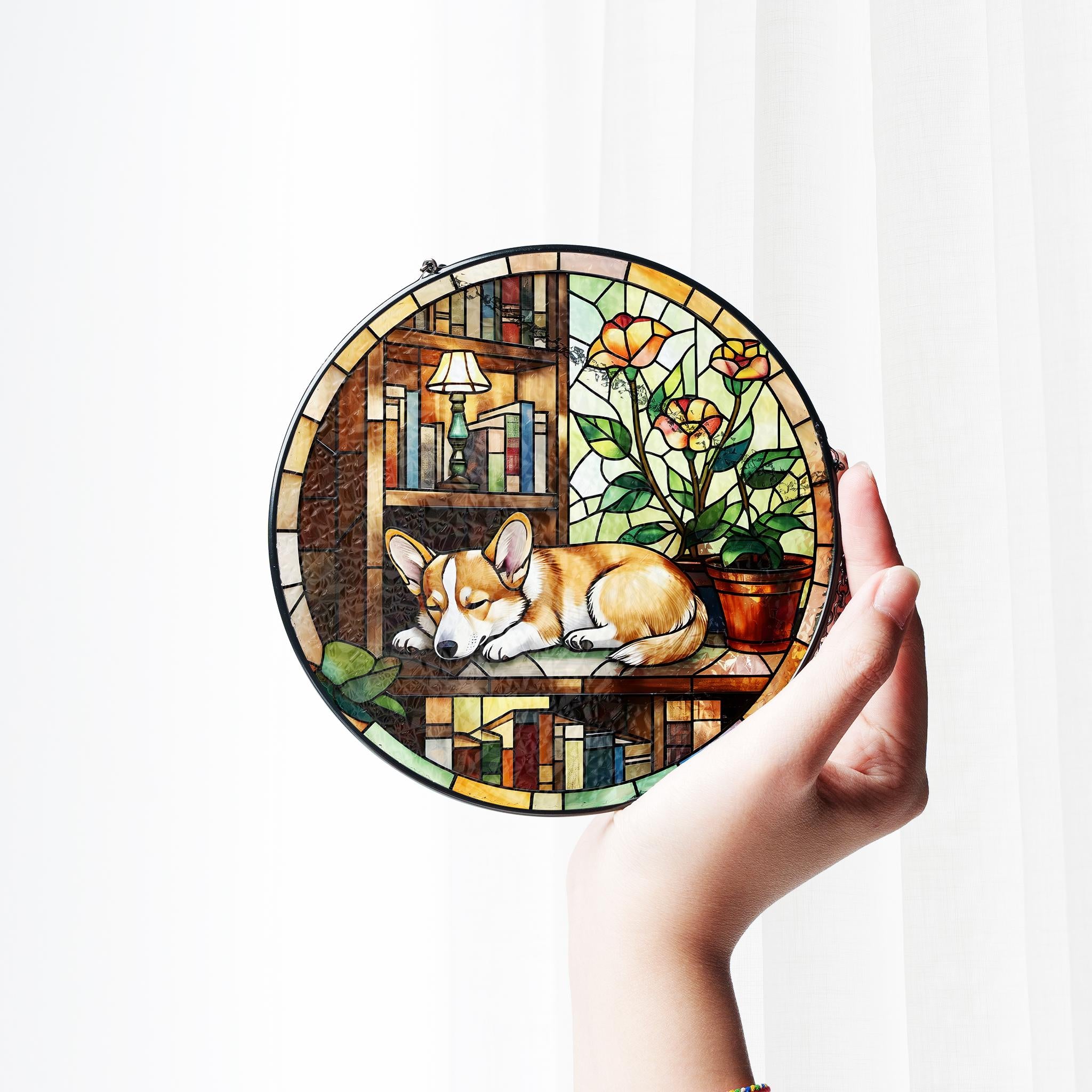 Corgi sleeping On Bookshelf GLASS Suncatcher Hanging, Window Decor, Book Lover Gift, Book FAUX Stain Glass, Librarian Gift