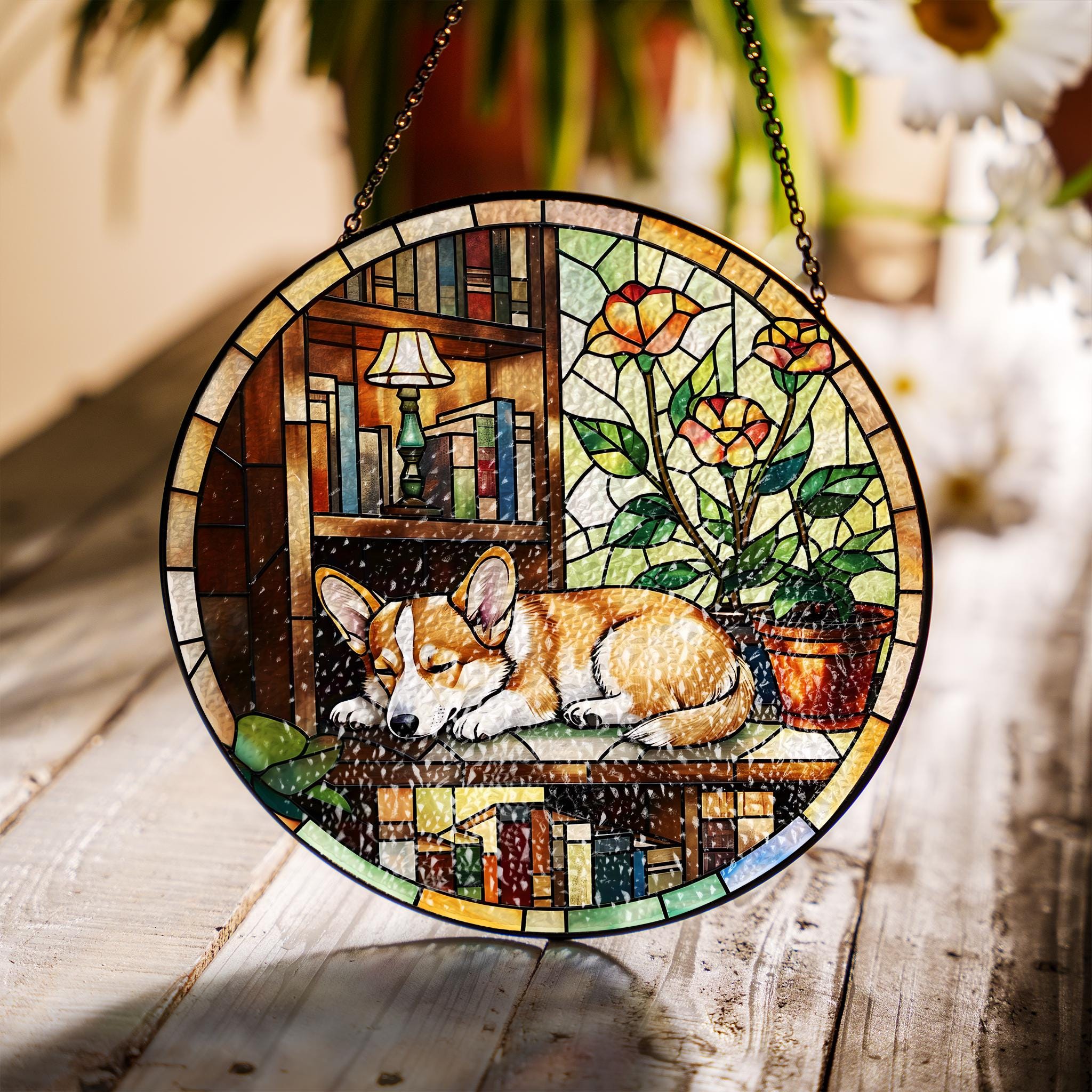Corgi sleeping On Bookshelf GLASS Suncatcher Hanging, Window Decor, Book Lover Gift, Book FAUX Stain Glass, Librarian Gift