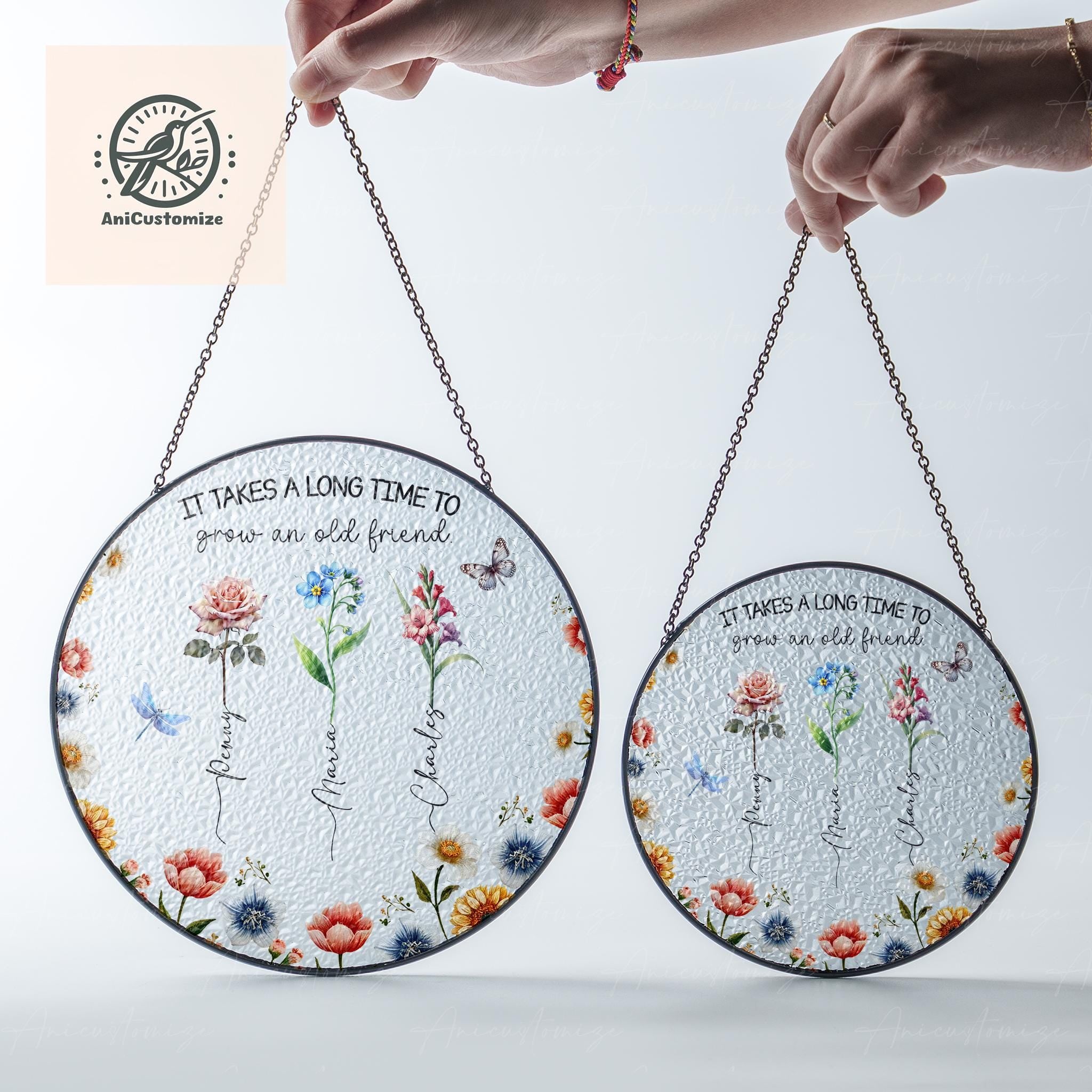 Custom Best Friends GLASS Suncatcher, Custom Birth Flower Suncatcher, Bestie Gift Idea, Soulmate Gift, Sister Gift Idea,Bestie Birthday Gift