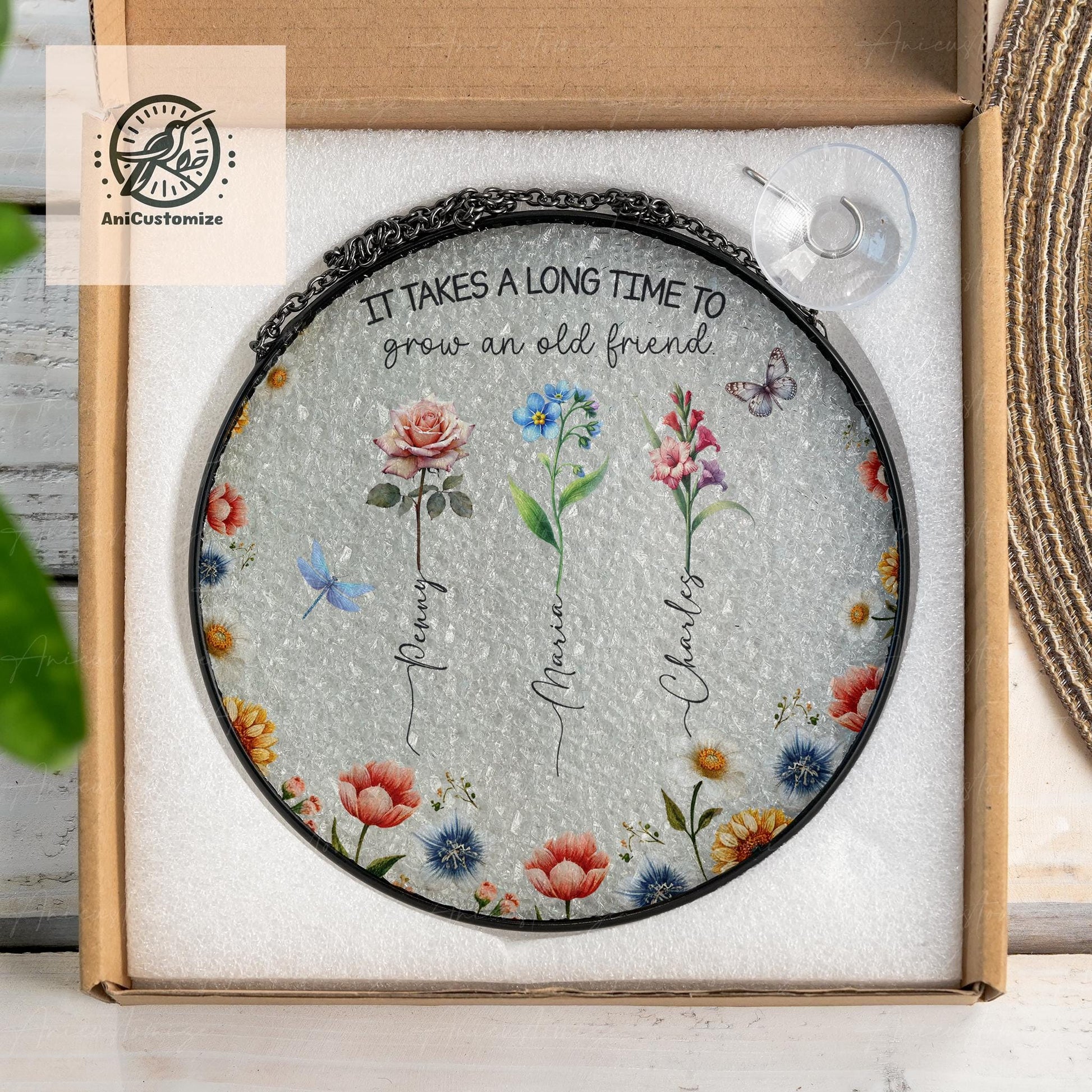 Custom Best Friends GLASS Suncatcher, Custom Birth Flower Suncatcher, Bestie Gift Idea, Soulmate Gift, Sister Gift Idea,Bestie Birthday Gift