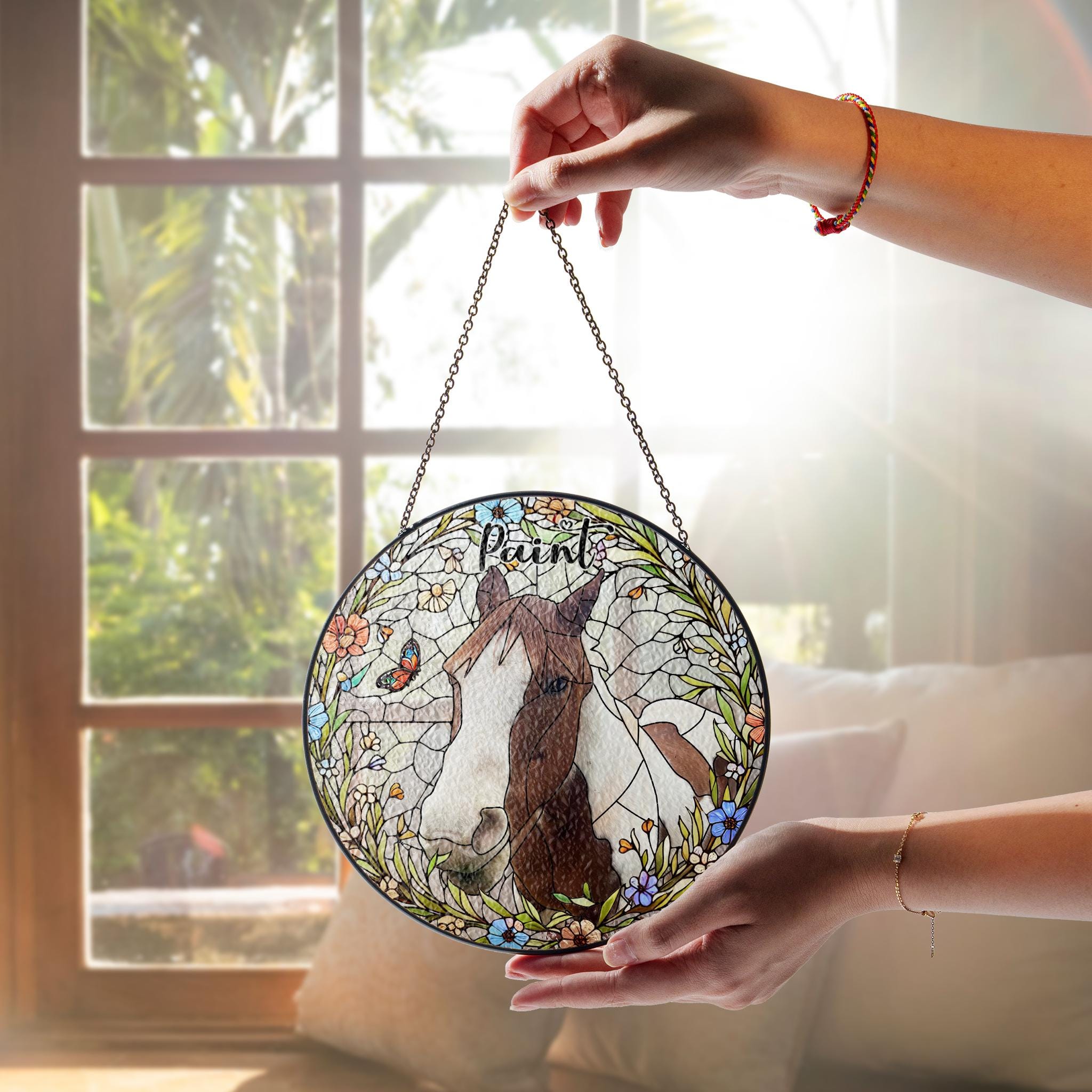 Personalized Phot Horse Wildflowers Portrait Glass Suncatcher, Glass Pet Memorial, Custom Pet Portrait from Photo, Sympathy Gifts