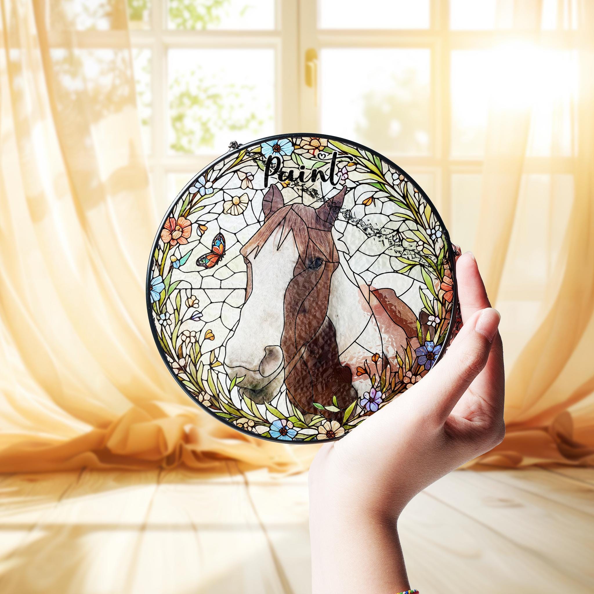 Personalized Phot Horse Wildflowers Portrait Glass Suncatcher, Glass Pet Memorial, Custom Pet Portrait from Photo, Sympathy Gifts