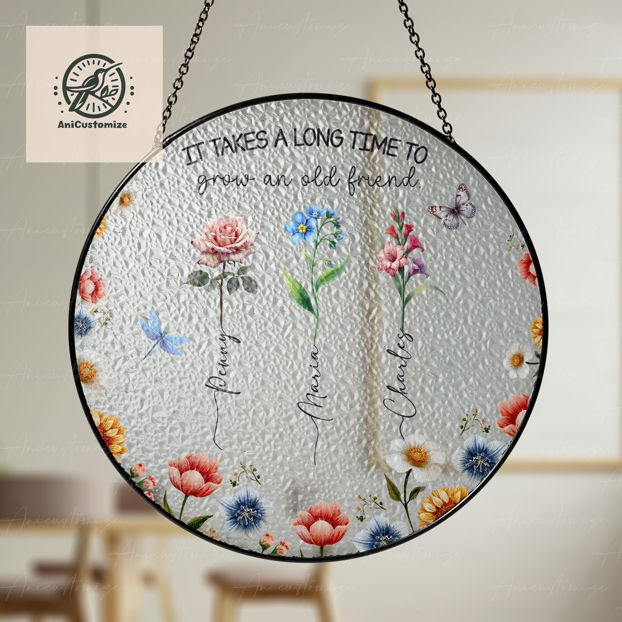 Custom Best Friends GLASS Suncatcher, Custom Birth Flower Suncatcher, Bestie Gift Idea, Soulmate Gift, Sister Gift Idea,Bestie Birthday Gift