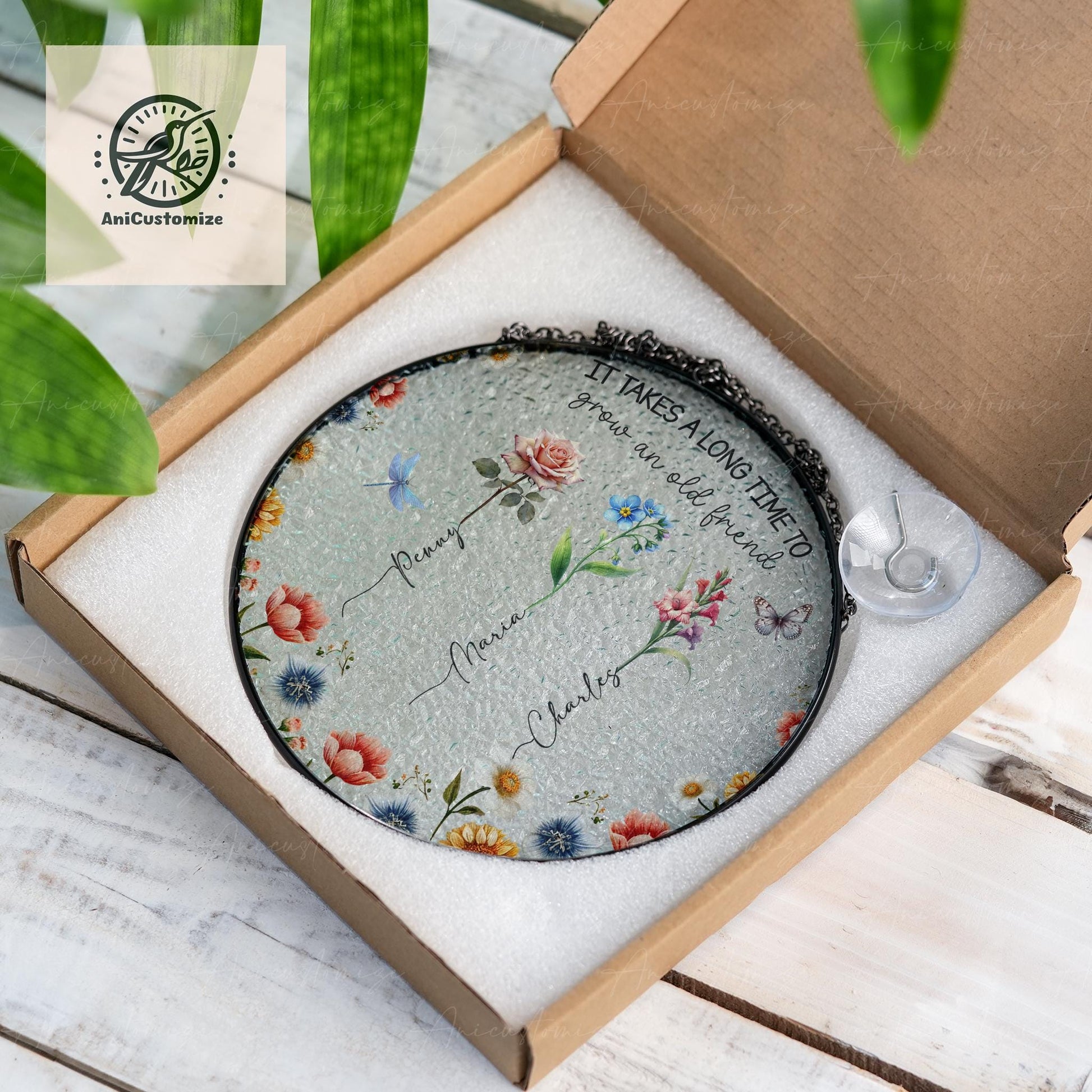 Custom Best Friends GLASS Suncatcher, Custom Birth Flower Suncatcher, Bestie Gift Idea, Soulmate Gift, Sister Gift Idea,Bestie Birthday Gift