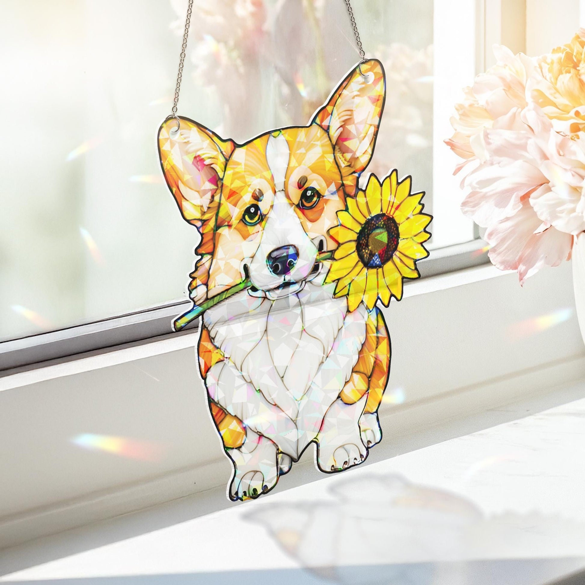 Corgi With Sunflower Hologram Acrylic Window Hanging, Corgi With Flower, Corgi Mom Gift, Dog Suncatcher, Dog Lover Gift, Gift For Dog Mom