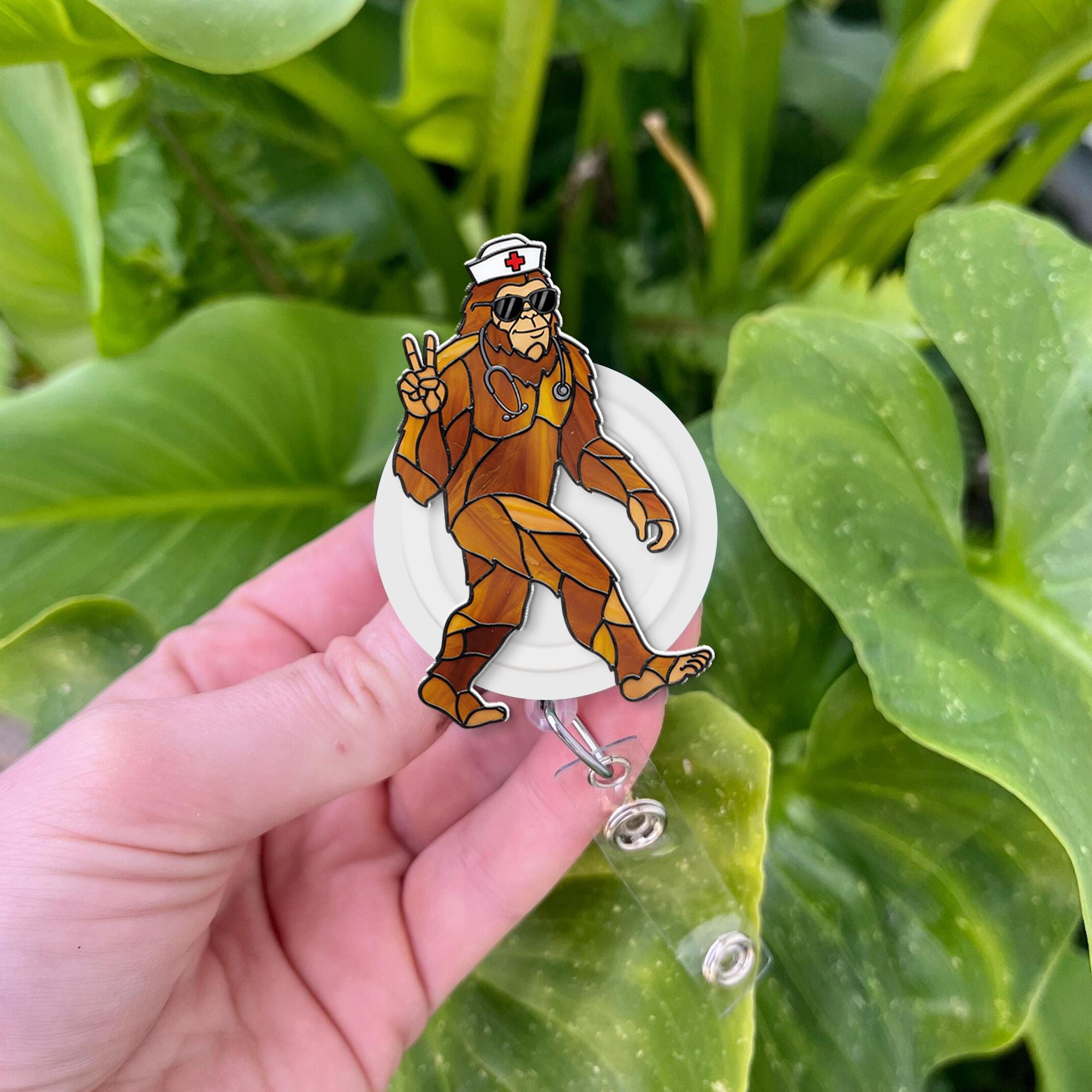 Funny Sasquatch Faux Stain Glass Badge Reel, Bigfoot Fan Gift, Bigfoot Badge Clip, Gift For Nurse, RN Id Holder, Nurse Gift, Funny Gift