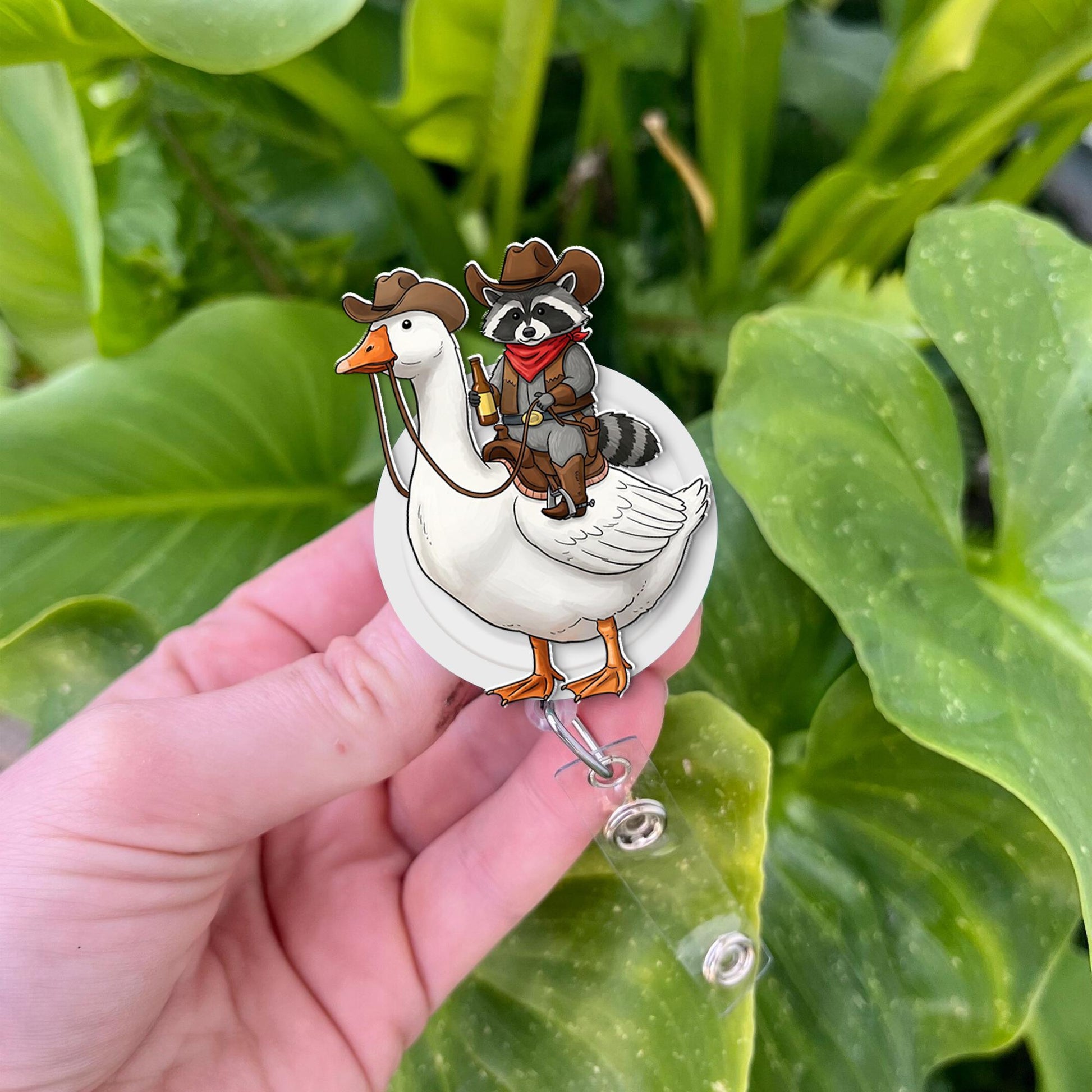 Cowboy Raccoon on a goose with a beer Badge Reel, Raccoon Badge Clip, Funny Goose Badge Reel, ID Holder, Nurse Badge Reel, Medical Student