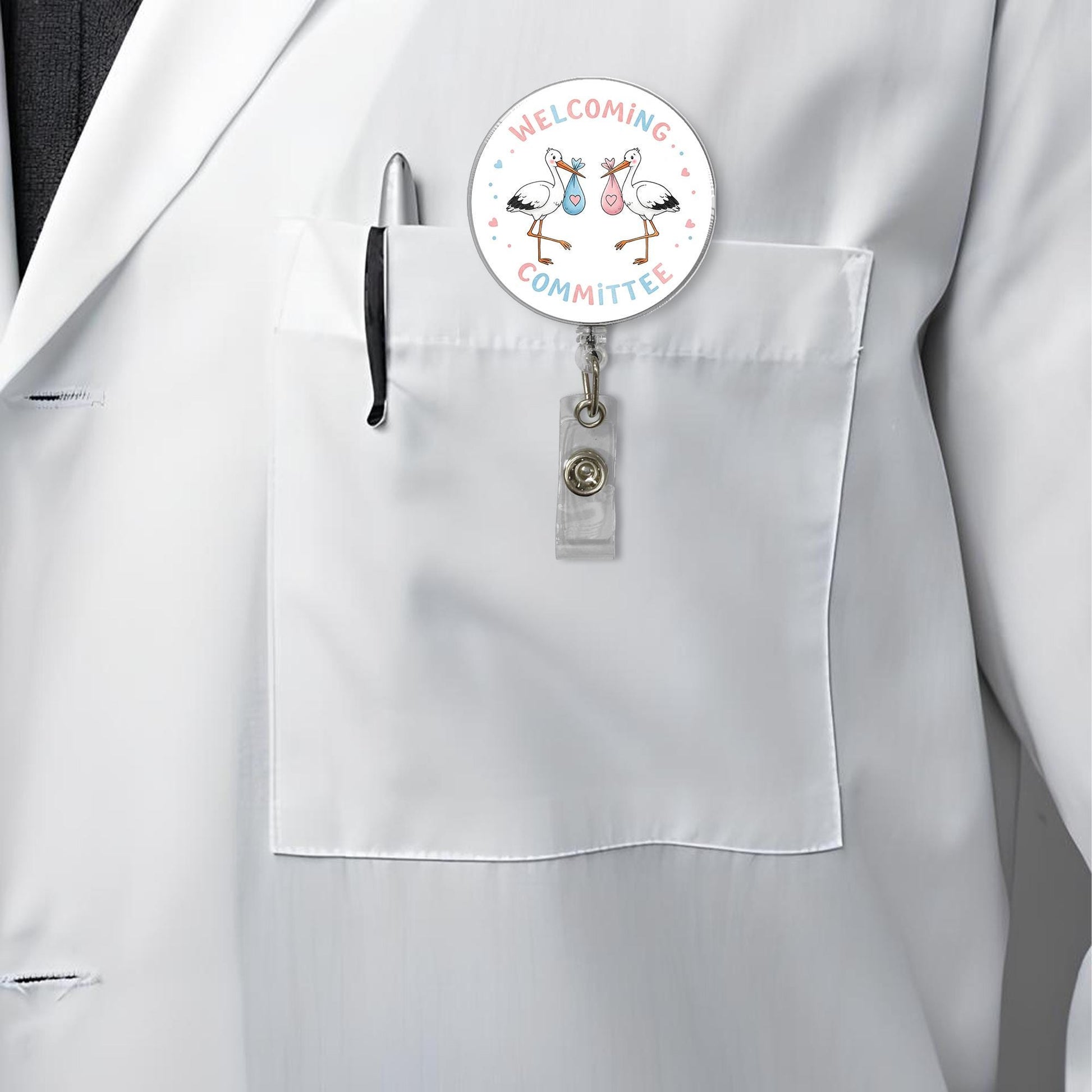 Stork Welcoming Committee Badge Reel | Cute Baby Arrival ID Holder | Gender Reveal Gift for Nurses, Doulas, Baby Shower Favor