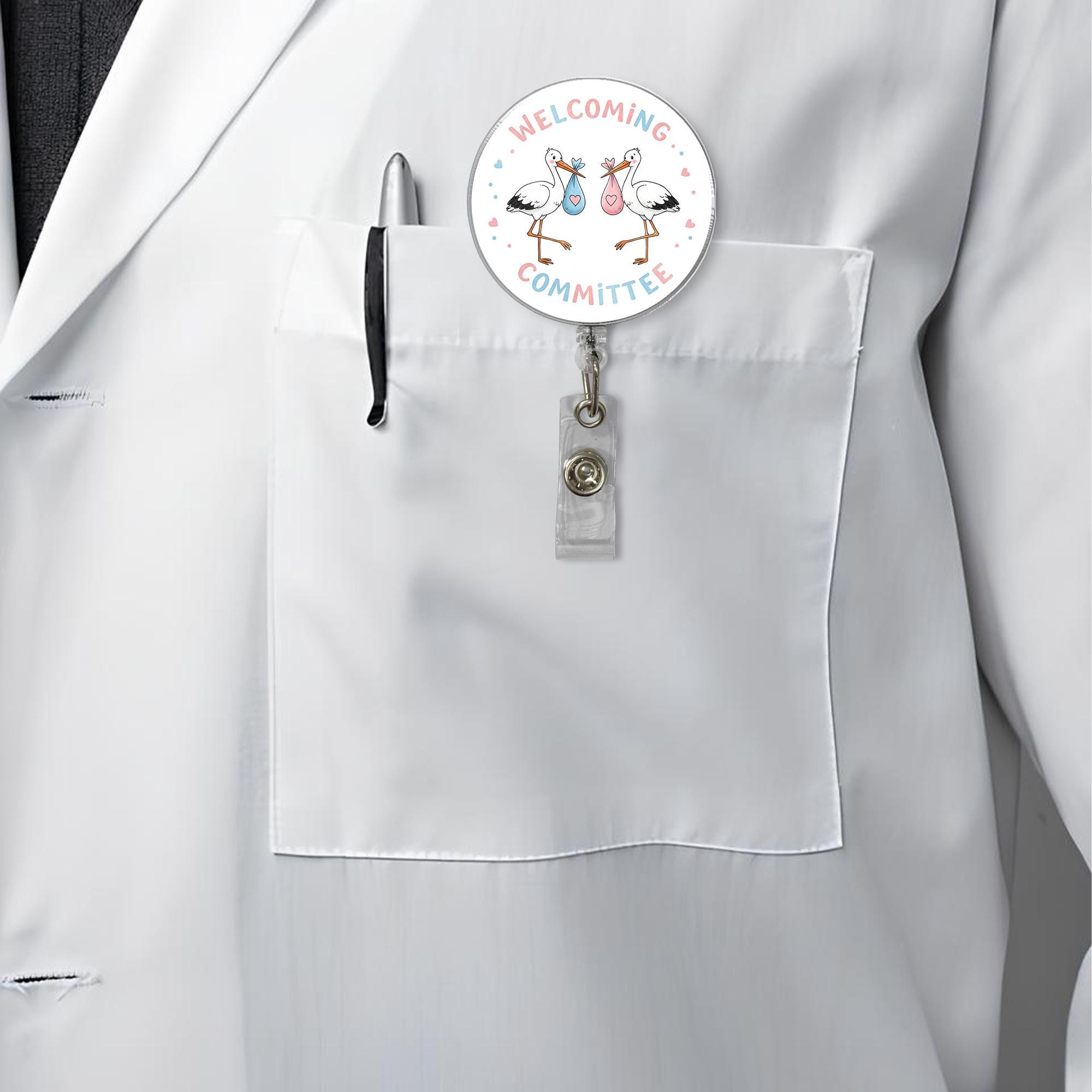Stork Welcoming Committee Badge Reel | Cute Baby Arrival ID Holder | Gender Reveal Gift for Nurses, Doulas, Baby Shower Favor