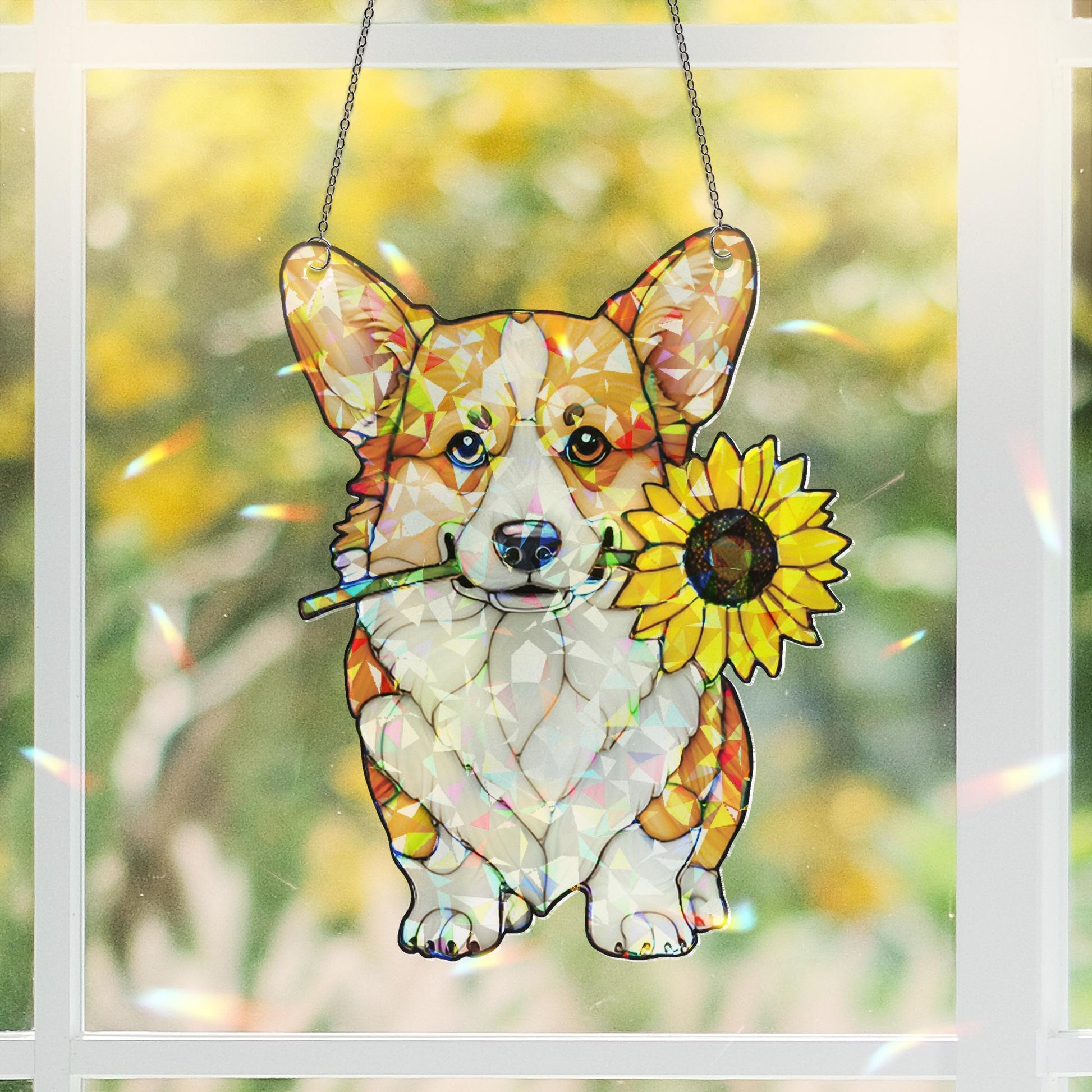 Corgi With Sunflower Hologram Acrylic Window Hanging, Corgi With Flower, Corgi Mom Gift, Dog Suncatcher, Dog Lover Gift, Gift For Dog Mom