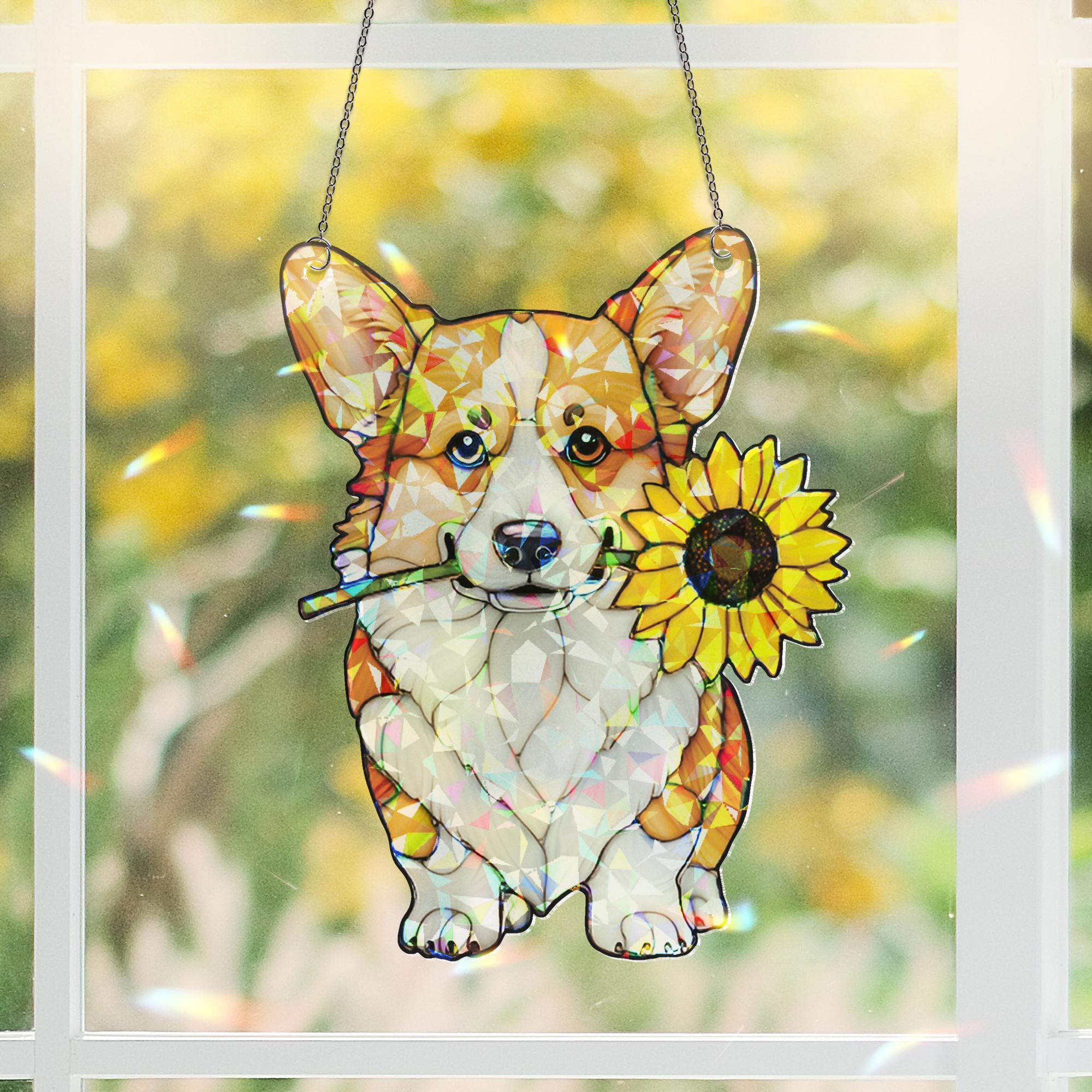 Corgi With Sunflower Hologram Acrylic Window Hanging, Corgi With Flower, Corgi Mom Gift, Dog Suncatcher, Dog Lover Gift, Gift For Dog Mom