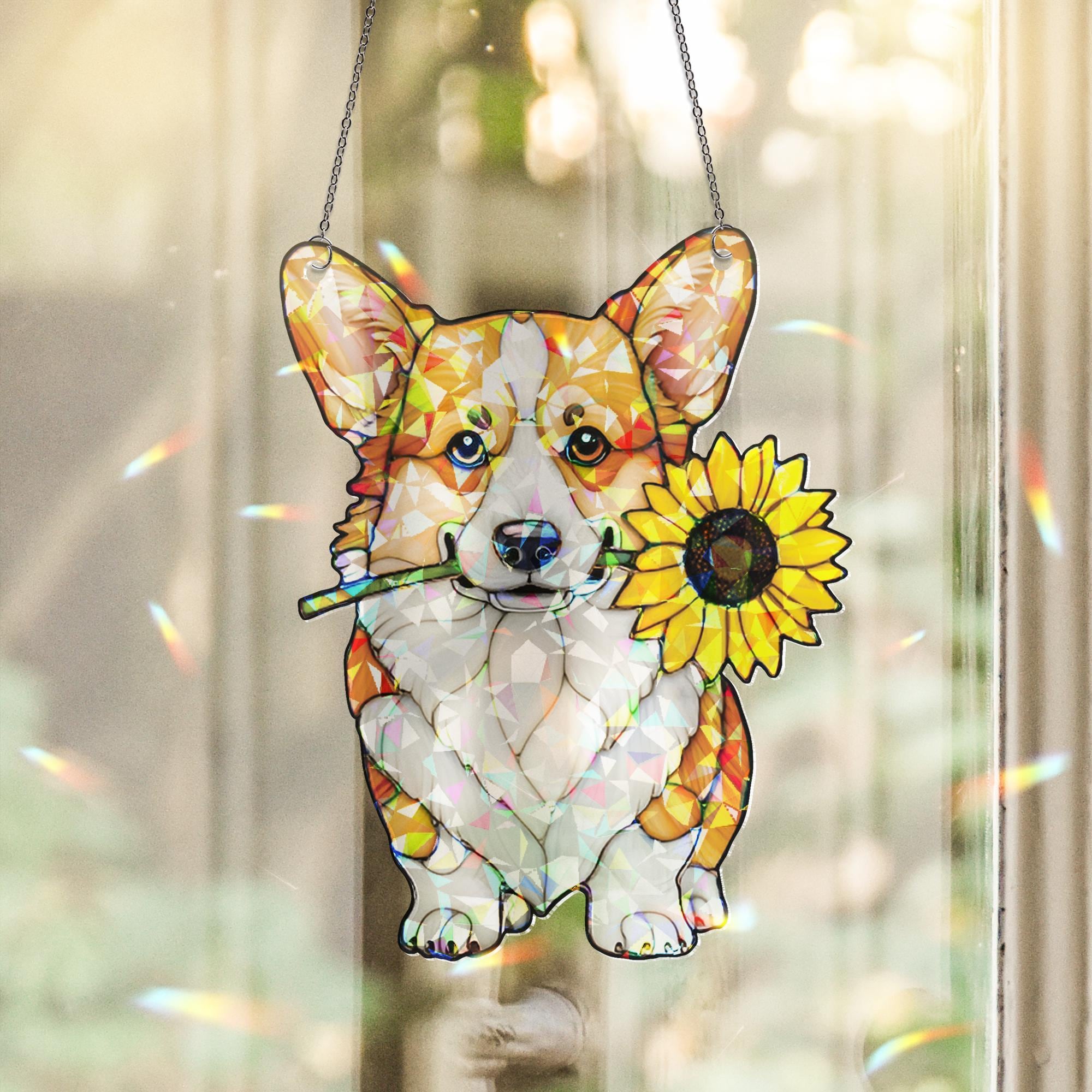 Corgi With Sunflower Hologram Acrylic Window Hanging, Corgi With Flower, Corgi Mom Gift, Dog Suncatcher, Dog Lover Gift, Gift For Dog Mom