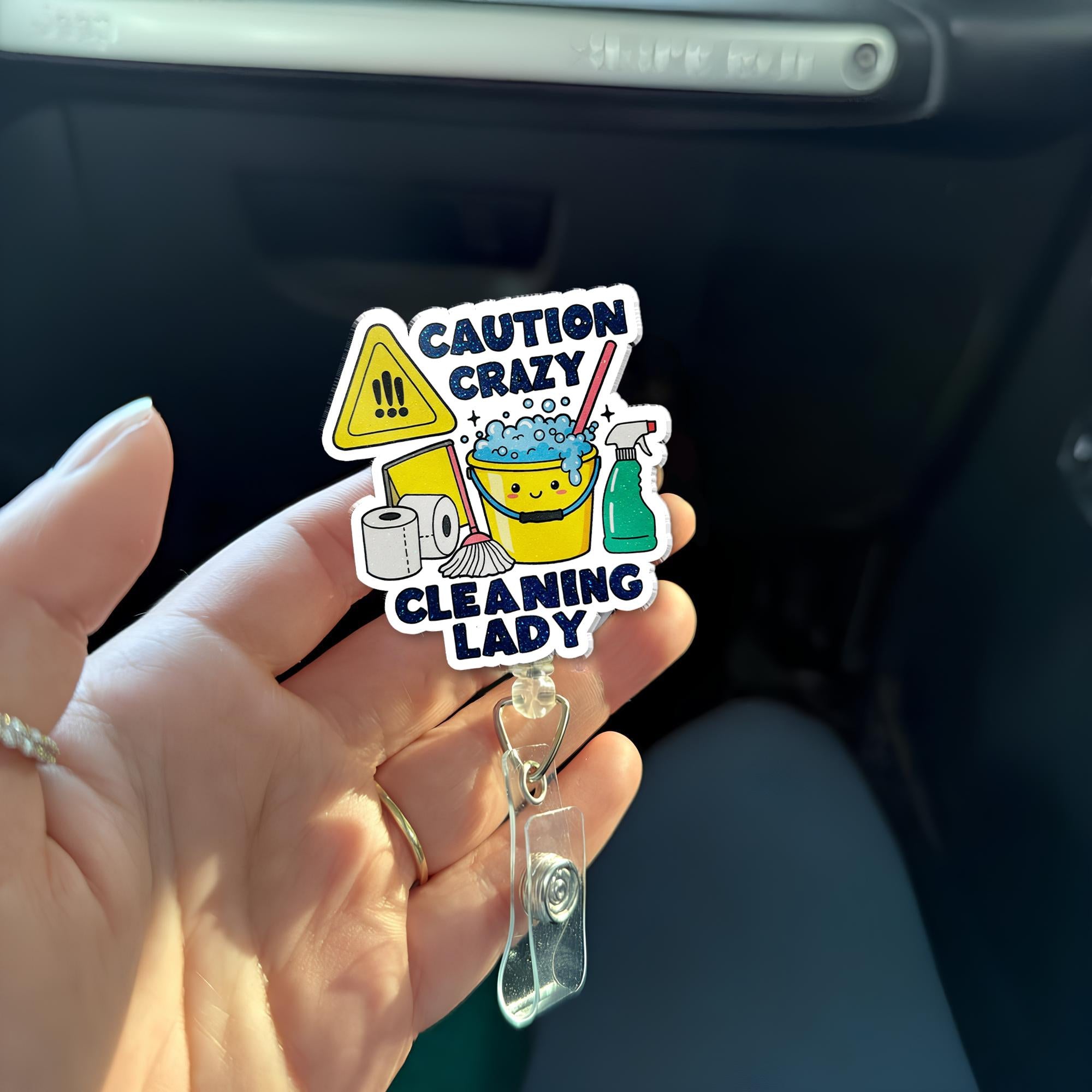 Crazy Cleaning Lady Badge Reel – Funny Janitor Maid ID Clip, Cleaner Gift Idea, Evs Badge Clip, Cleaning Lady Gift Idea, Gift For Her