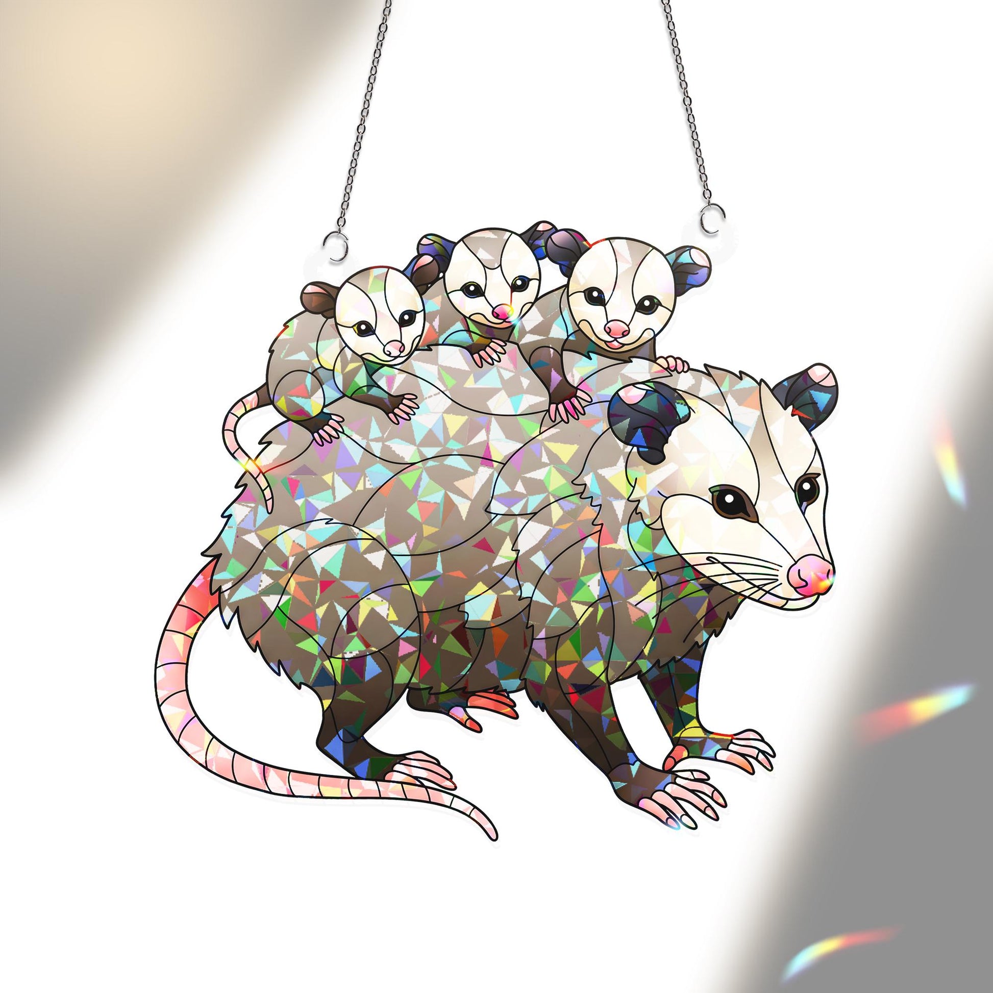 Opossum Family Hologram Acrylic Window Hanging - Mama & Baby Possums Ornament Decor, Holographic Animal Art Decor, Mother's Day,Gift For Mom