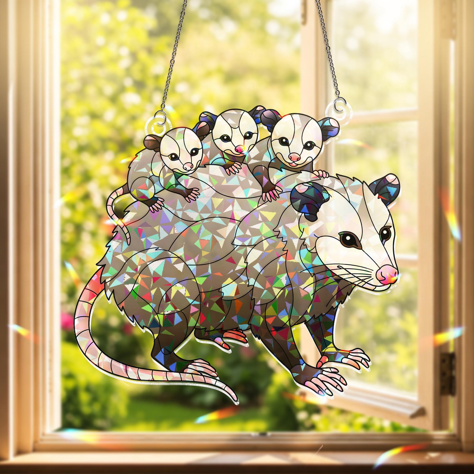 Opossum Family Hologram Acrylic Window Hanging - Mama & Baby Possums Ornament Decor, Holographic Animal Art Decor, Mother's Day,Gift For Mom