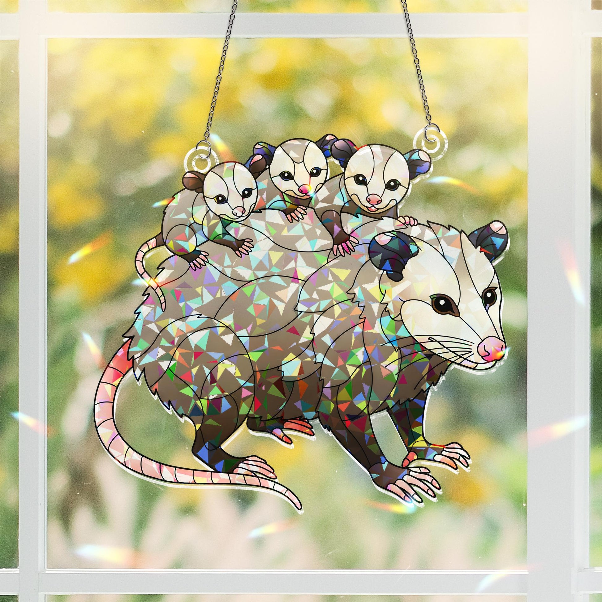 Opossum Family Hologram Acrylic Window Hanging - Mama & Baby Possums Ornament Decor, Holographic Animal Art Decor, Mother's Day,Gift For Mom