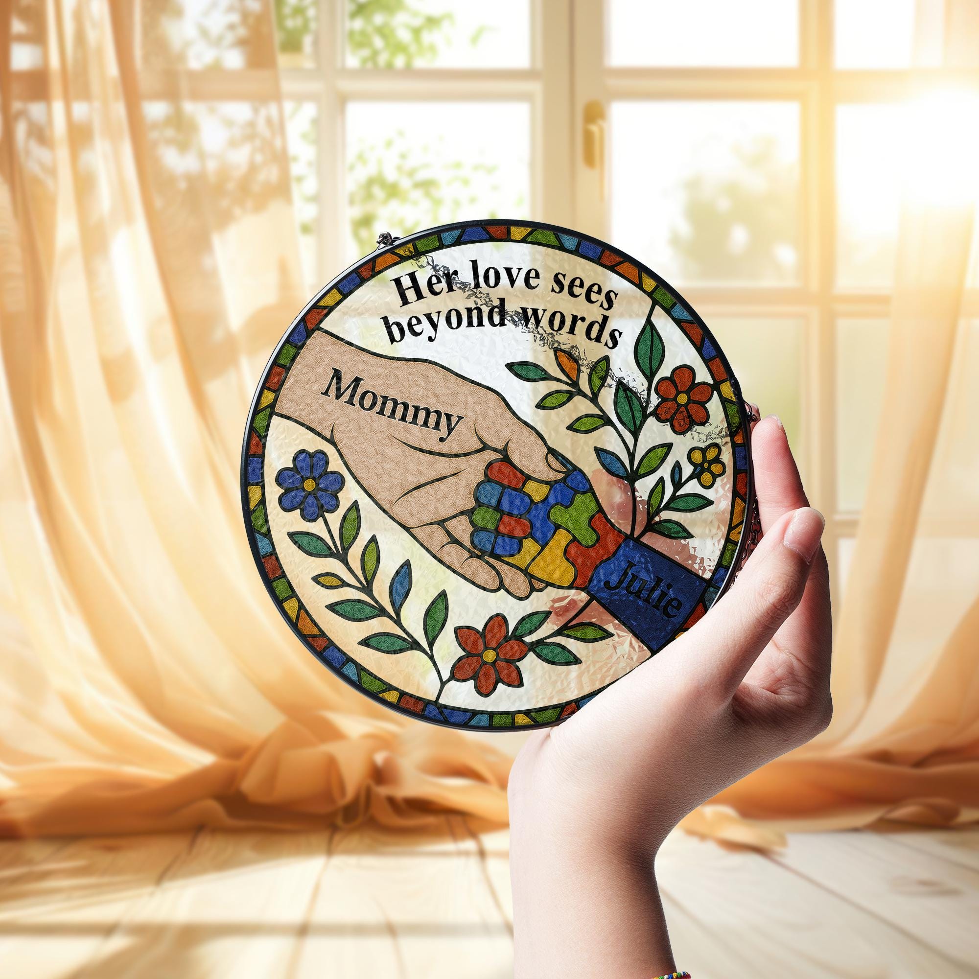 Custom Autism Mom Glass Suncatcher – Puzzle Piece Mother's Day Gift for Special Needs Mama - gift for autism grandma