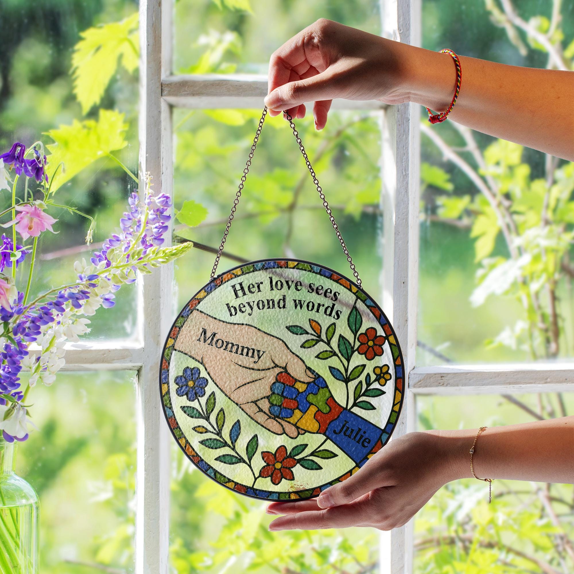 Custom Autism Mom Glass Suncatcher – Puzzle Piece Mother's Day Gift for Special Needs Mama - gift for autism grandma