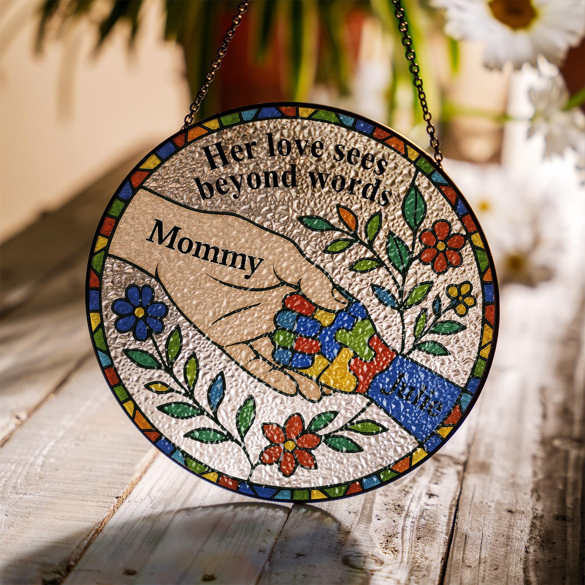 Custom Autism Mom Glass Suncatcher – Puzzle Piece Mother's Day Gift for Special Needs Mama - gift for autism grandma