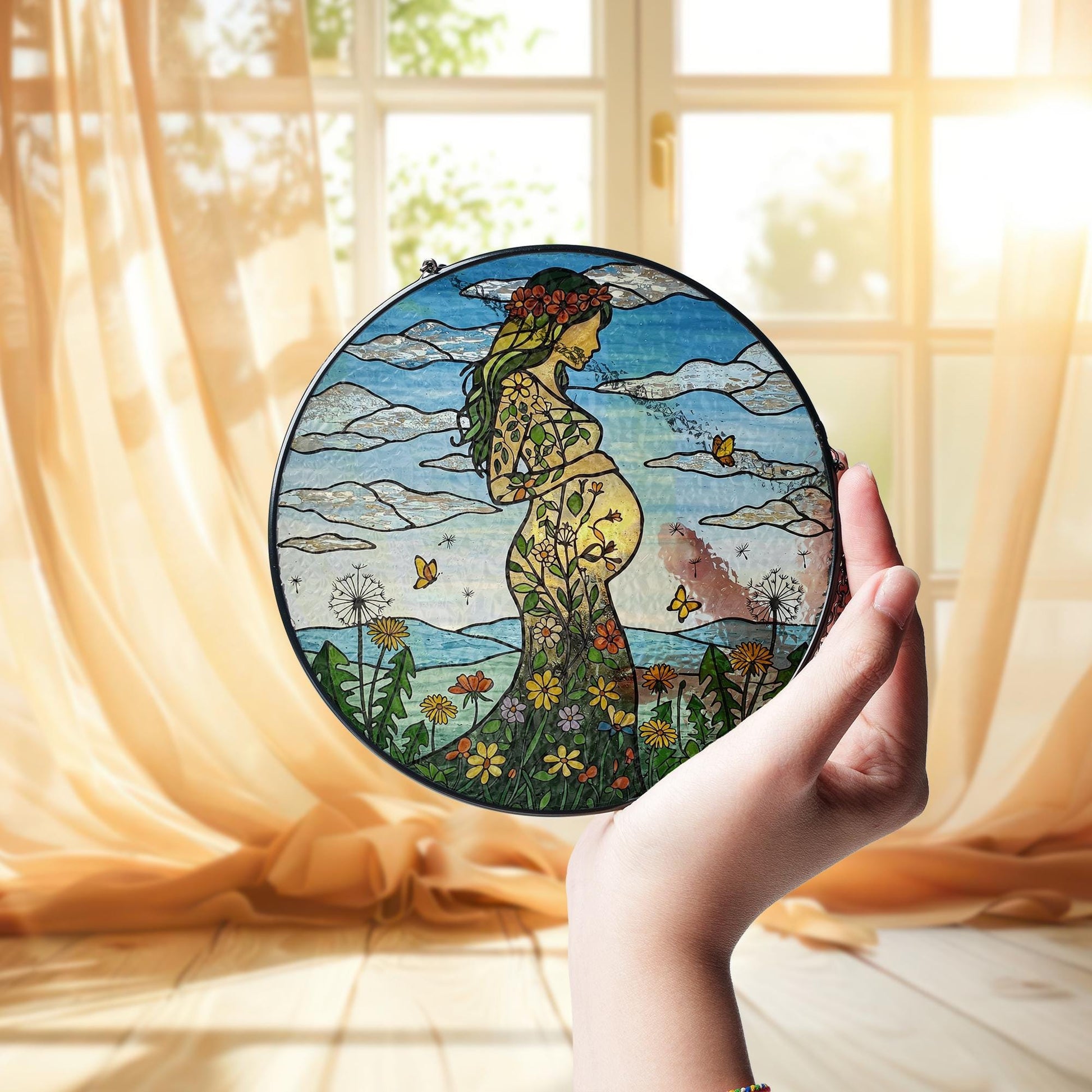 Floral Pregnant Mom Glass Suncatcher – Mother's Day Gift for New Mom or Mom-to-Be ,  Gift for Expecting Mom or Wife