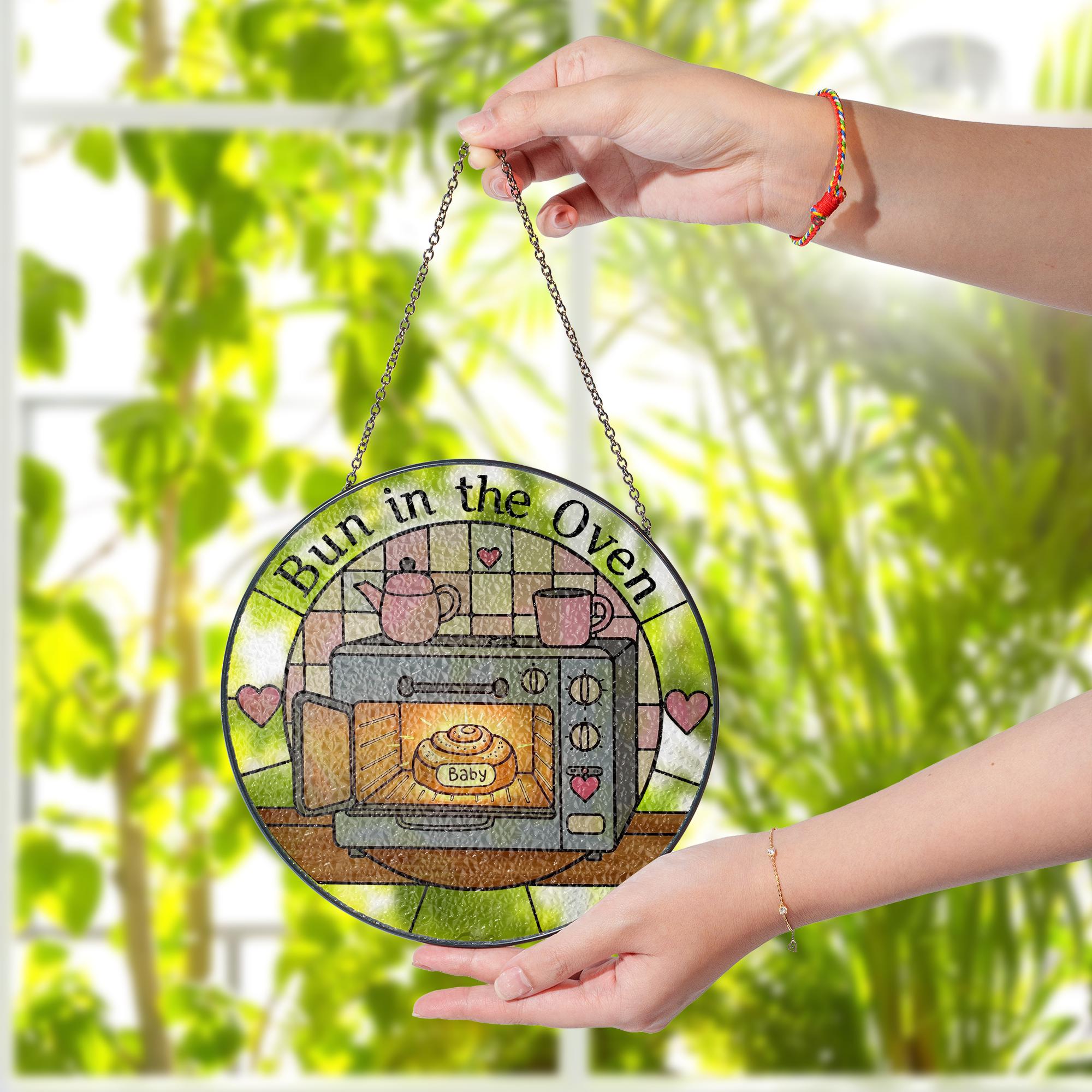 Bun in the Oven Glass Suncatcher Gift for Expecting Mom – Cute Pregnancy Window Decor for Mother's Day, custom gift for new mom