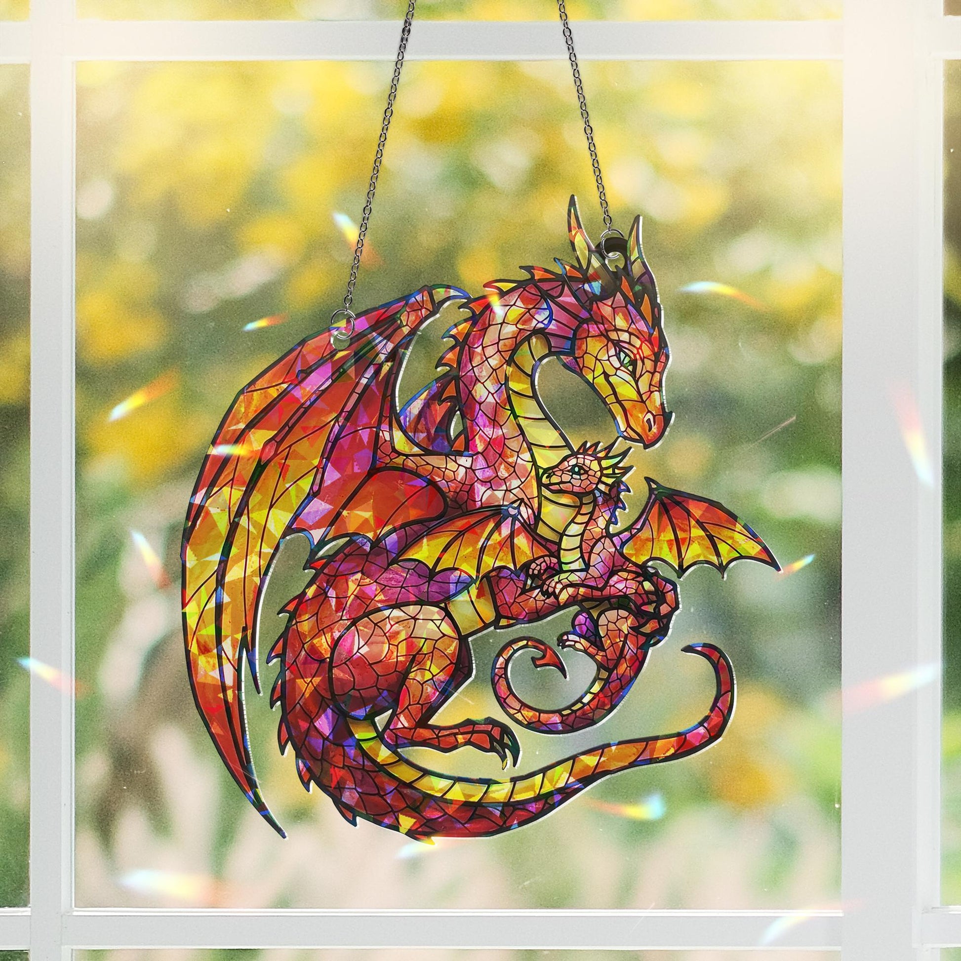 Dragon Mom and Baby Acrylic Hologram Suncatcher, Fantasy Stained Glass Decor, Broken Glass Style Hanging, Mythical Creature Gift, Dragon Mom