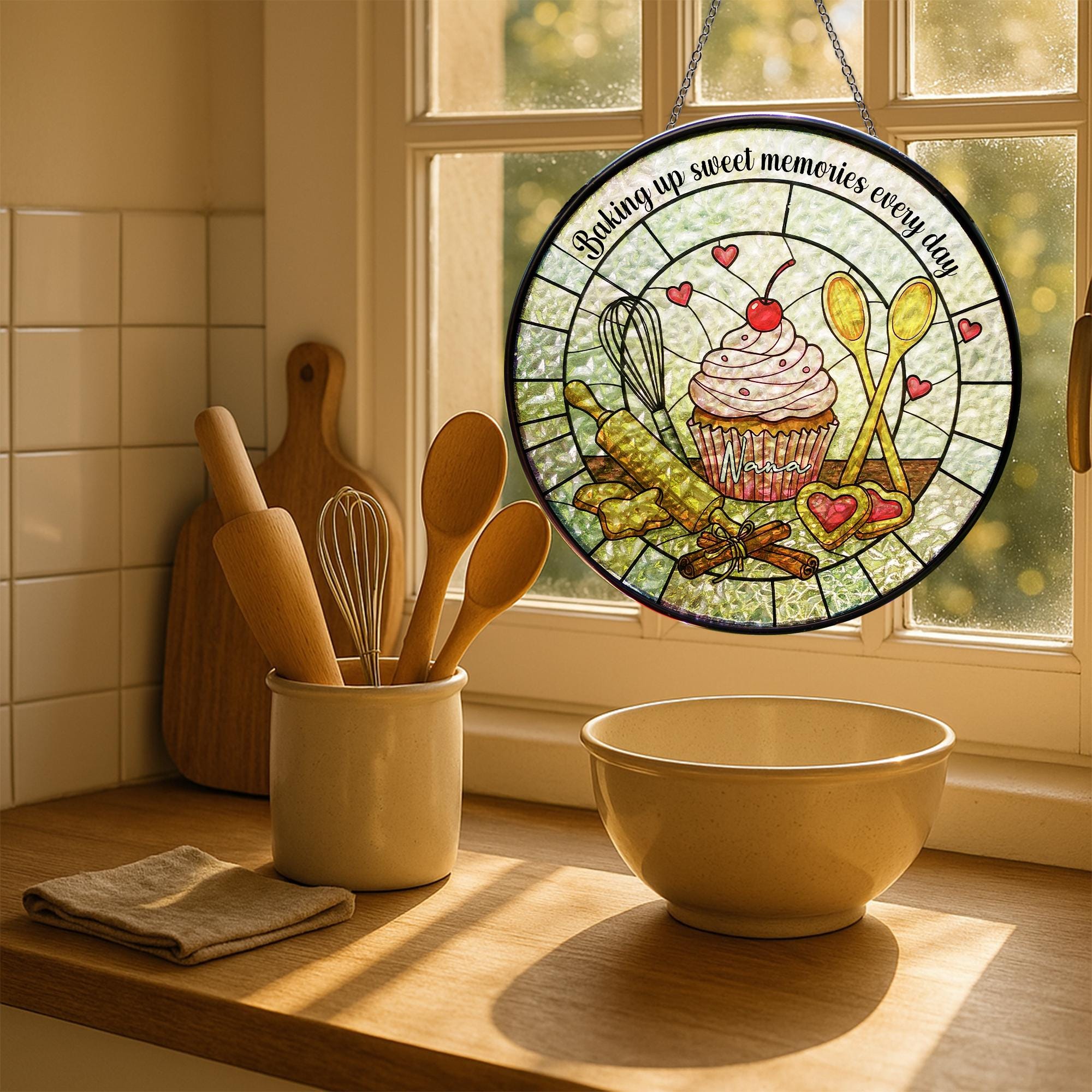 Custom Baking Suncatcher for Mom or Grandma – Glass Window Decor Gift – Mother's Day Gift for Baker Mom – Sweet Memories Kitchen Ornament