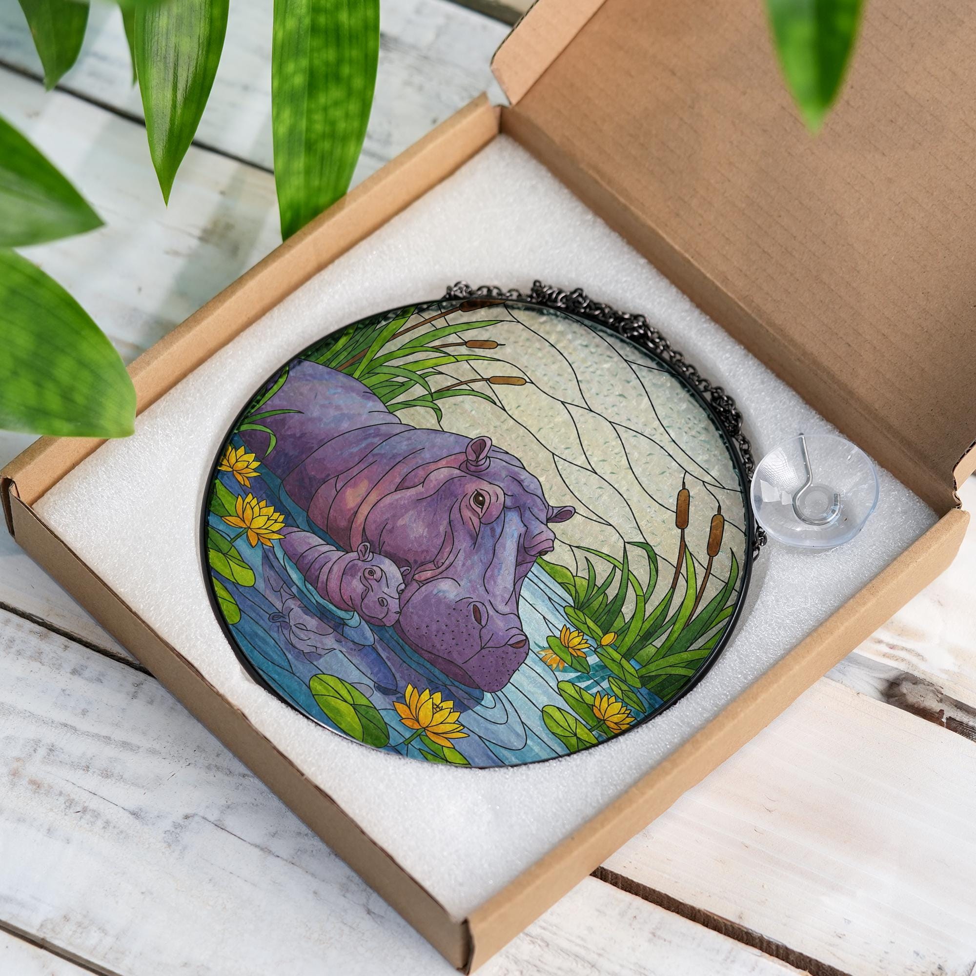 Hippo Glass Suncatcher, Mother and Baby Hippo in Pond, Jungle Animal Window Art, Wildlife Glass Decor, Nature Lover Gift, Mother's Day Gift
