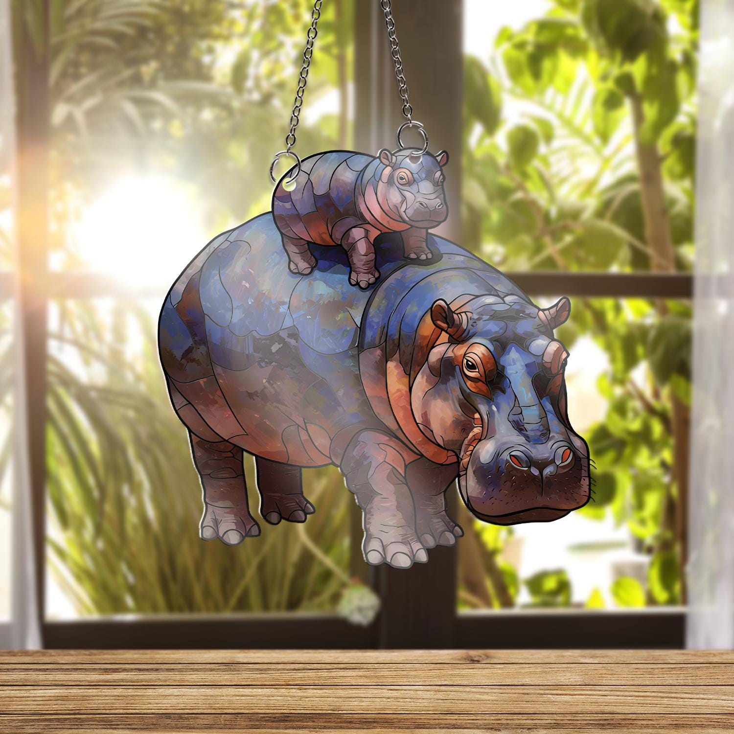 Hippo Mom with Baby Acrylic Window Hanging, Mother's Day Gift, Cute Animal Suncatcher, Wildlife Decor, Protective Mom Gift, Hippo Lover Gift