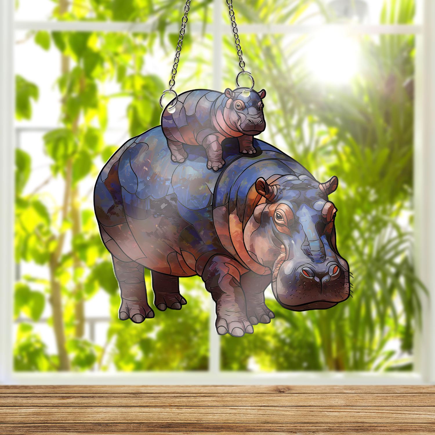 Hippo Mom with Baby Acrylic Window Hanging, Mother's Day Gift, Cute Animal Suncatcher, Wildlife Decor, Protective Mom Gift, Hippo Lover Gift