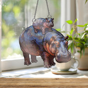 Hippo Mom with Baby Acrylic Window Hanging, Mother's Day Gift, Cute Animal Suncatcher, Wildlife Decor, Protective Mom Gift, Hippo Lover Gift