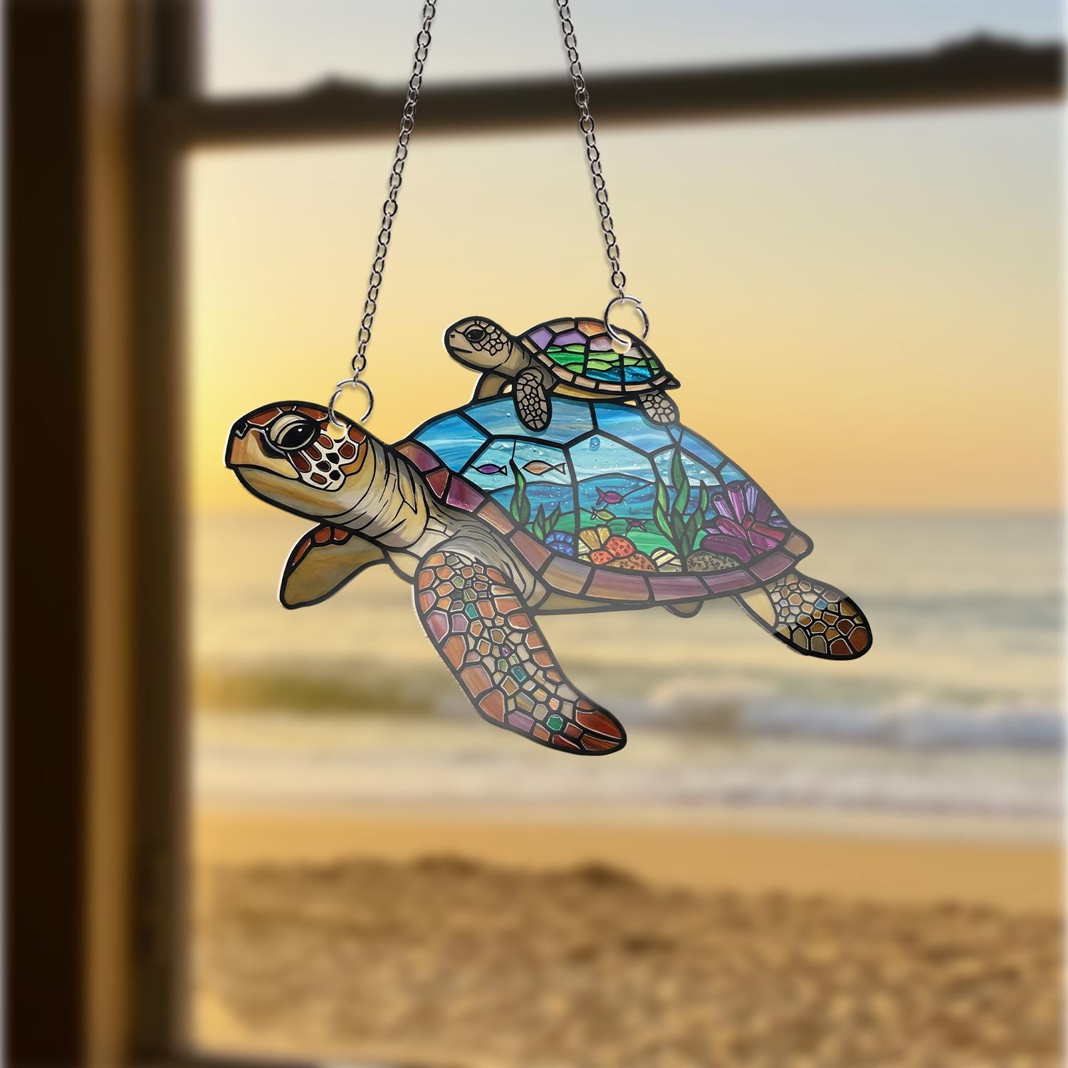 Turtle Mom and Baby Acrylic Window Hanging, Ocean Sea Turtle Art, Mother's Day Gift, Beach House Decor, Sea Life Gift, Gift For Mom