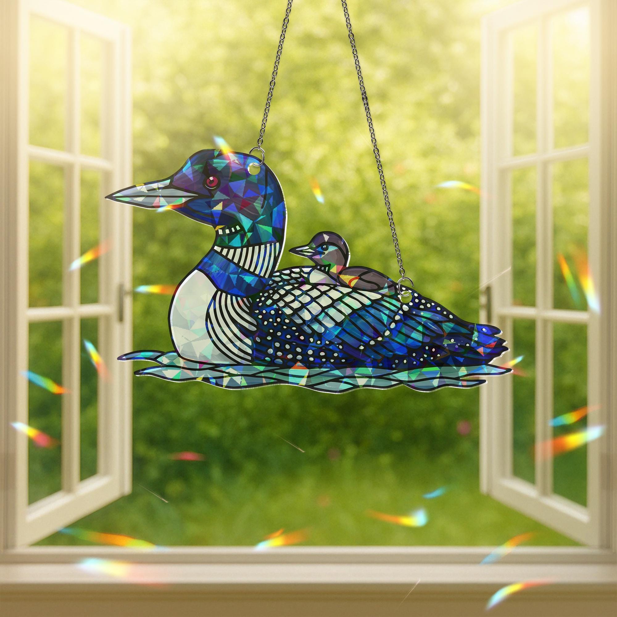 Loon Bird Mom and Baby Window Hanging, Acrylic Hologram Suncatcher, Mother's Day Gift for Bird Lovers, Mother's day gift for mom grandma