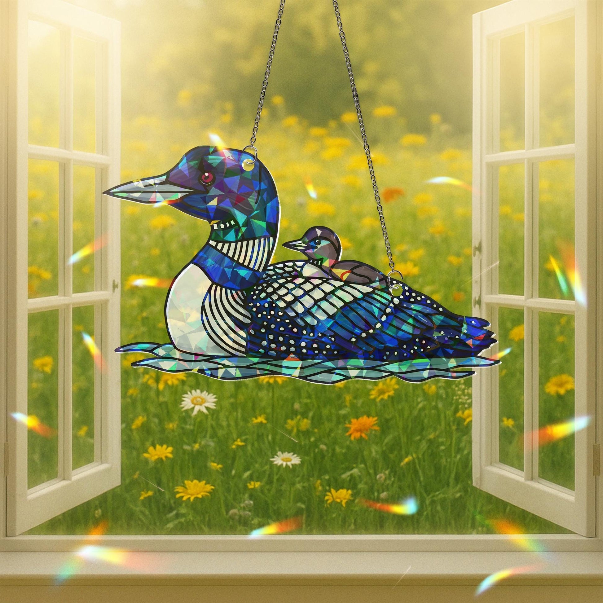 Loon Bird Mom and Baby Window Hanging, Acrylic Hologram Suncatcher, Mother's Day Gift for Bird Lovers, Mother's day gift for mom grandma