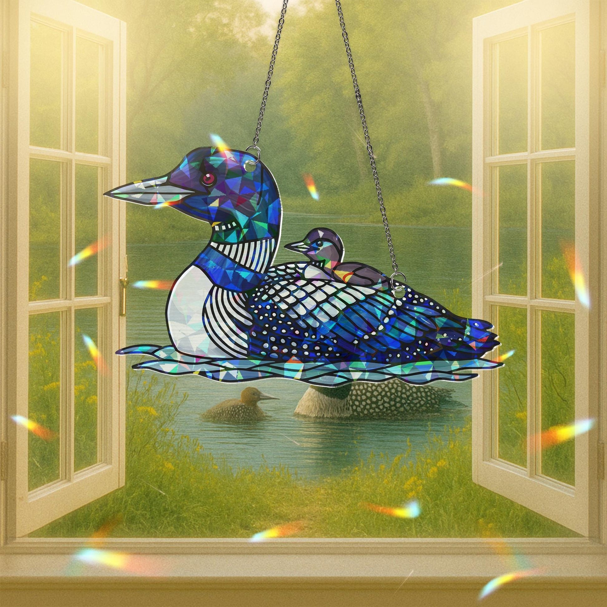 Loon Bird Mom and Baby Window Hanging, Acrylic Hologram Suncatcher, Mother's Day Gift for Bird Lovers, Mother's day gift for mom grandma