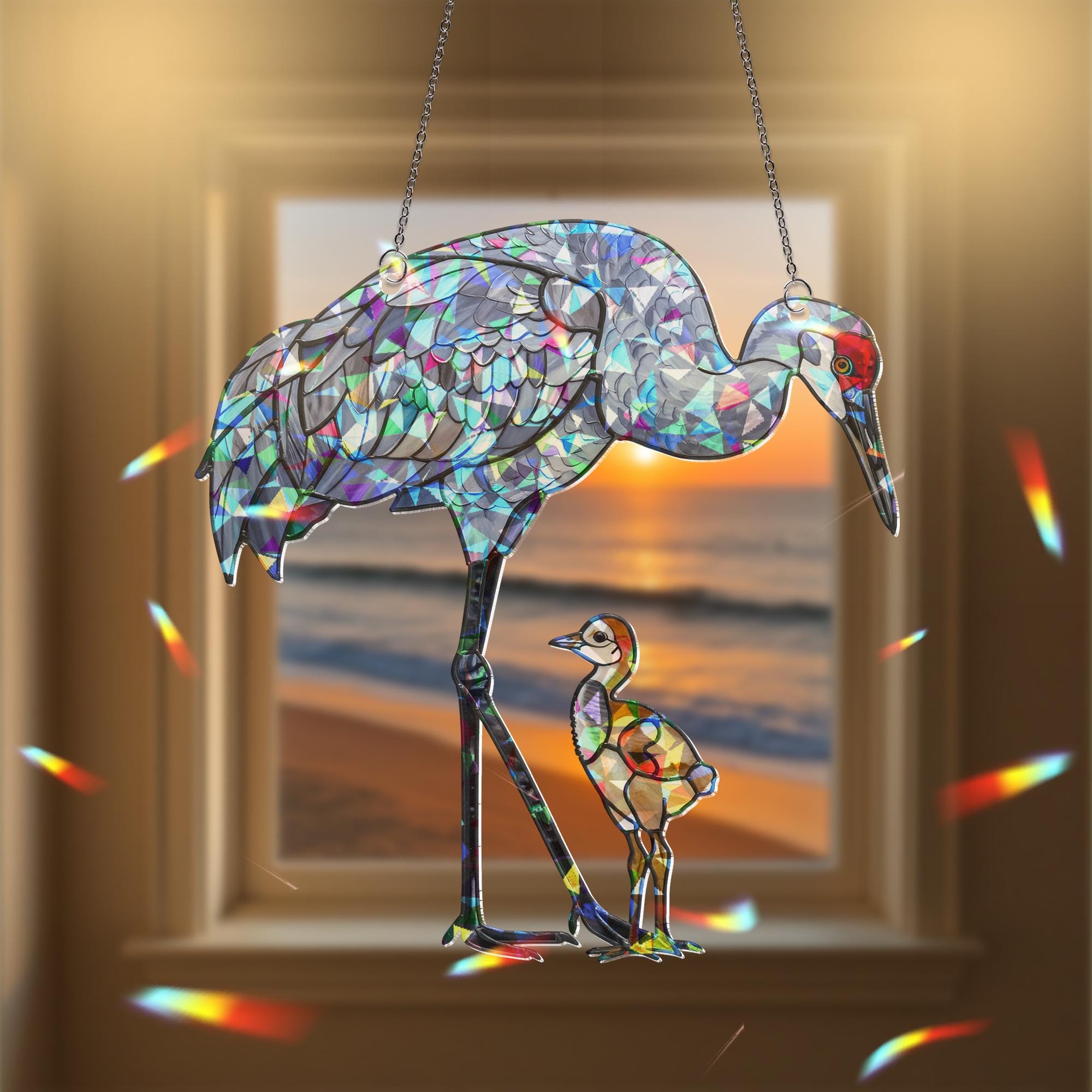 Sandhill Crane Mom and Baby Suncatcher – Holographic Window Hanging Gift for Custom Mom on Mother's Day