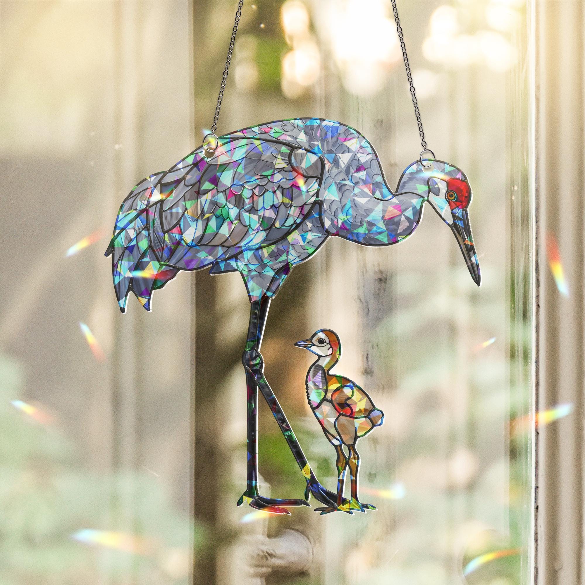 Sandhill Crane Mom and Baby Suncatcher – Holographic Window Hanging Gift for Custom Mom on Mother's Day