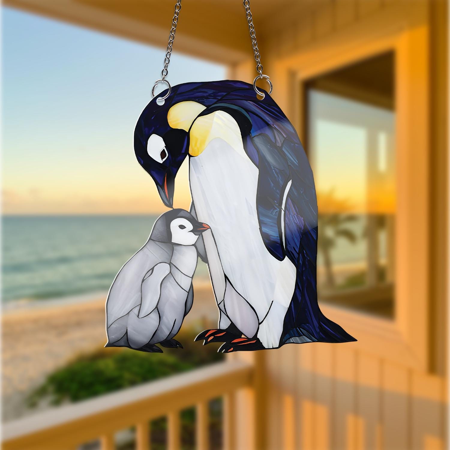 Penguin Mom and Baby Acrylic Window Hanging, Faux Stained Glass Style Decor, Mother’s Day Gift, Cute Animal Suncatcher, Arctic Bird Art