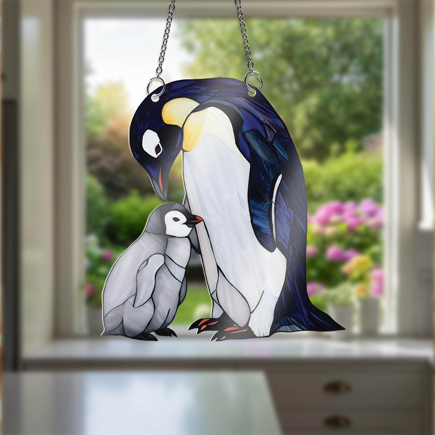 Penguin Mom and Baby Acrylic Window Hanging, Faux Stained Glass Style Decor, Mother’s Day Gift, Cute Animal Suncatcher, Arctic Bird Art