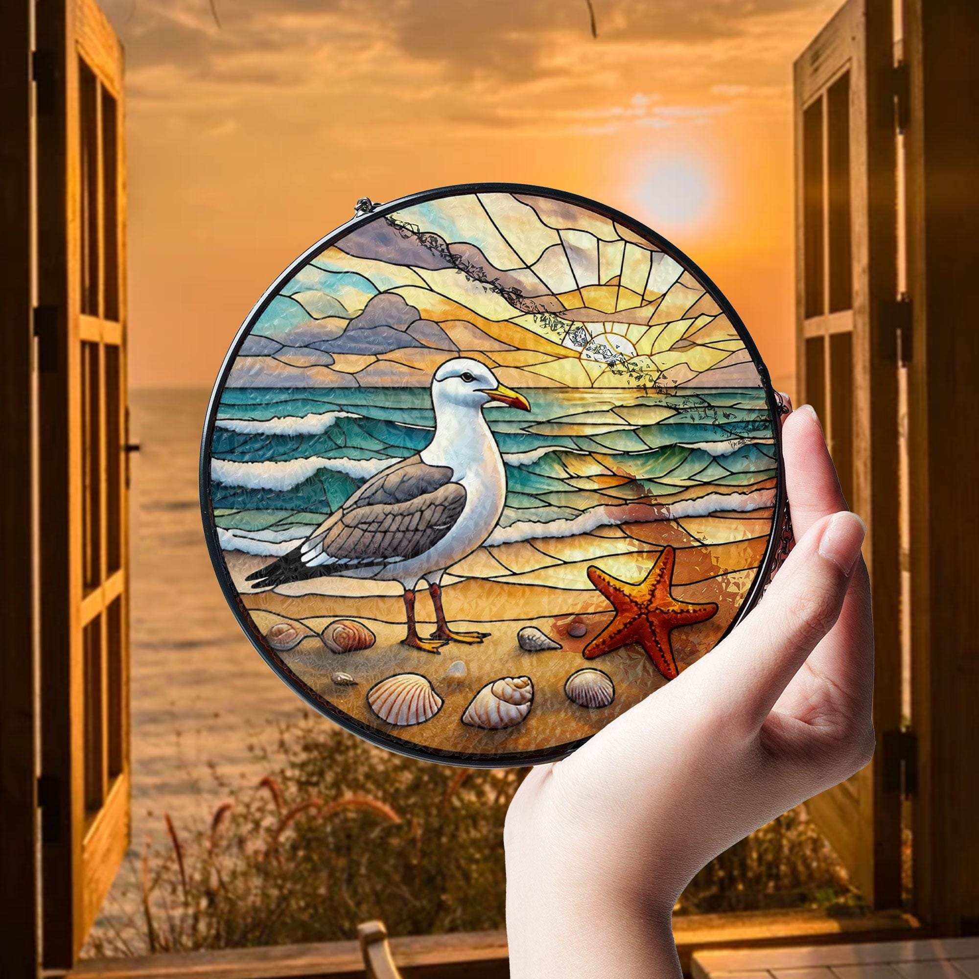 Coastal Seagull Beach Sunset Glass Suncatcher – Ocean Window Decor, Stained Glass Seagull Art, Beach House Gift, Mother's Day Decor