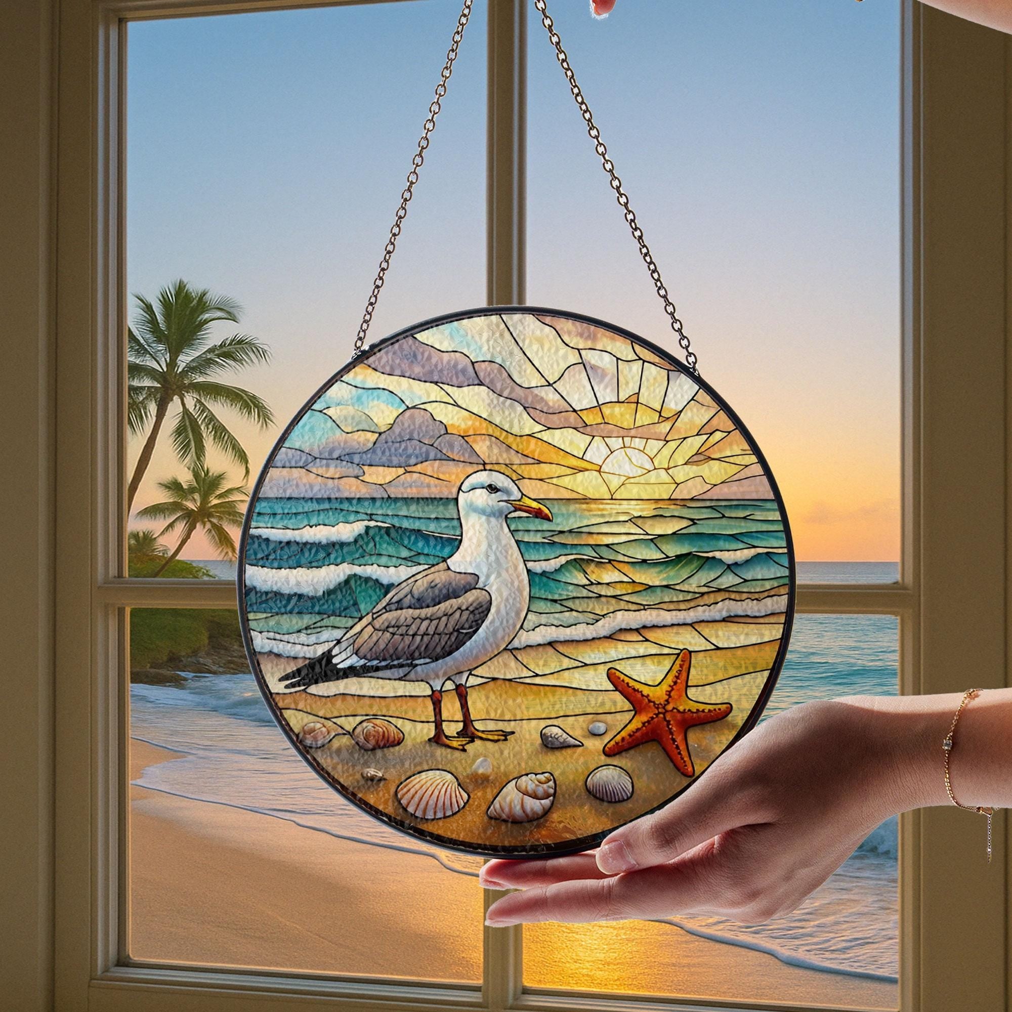 Coastal Seagull Beach Sunset Glass Suncatcher – Ocean Window Decor, Stained Glass Seagull Art, Beach House Gift, Mother's Day Decor